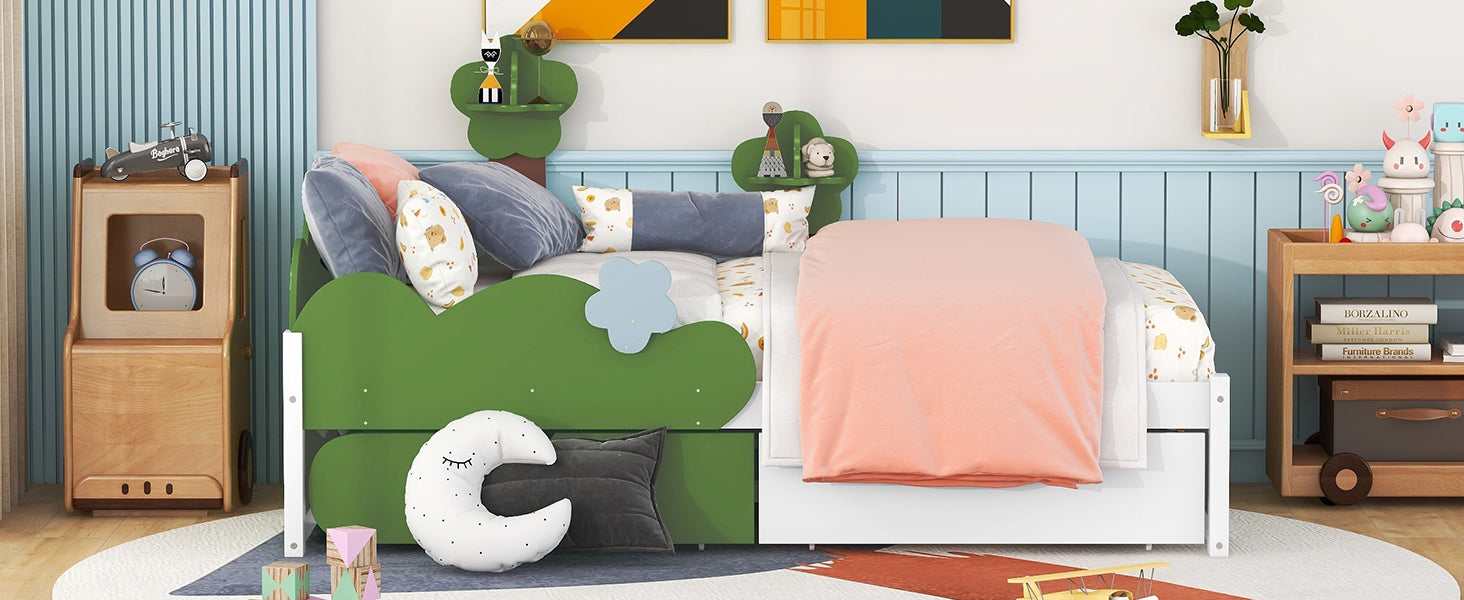 Twin Size Bed with Grass Hill and Trees Decor