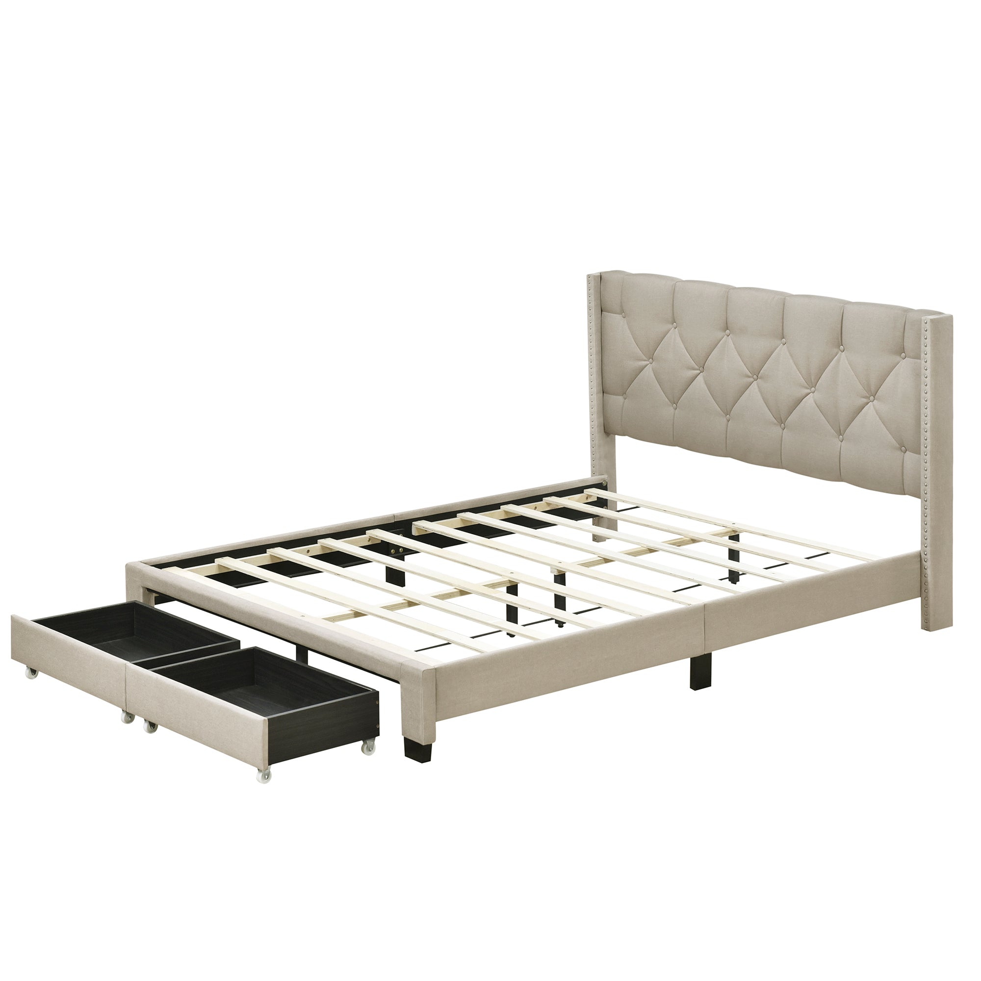 Queen Size Storage Bed Linen Upholstered Platform Bed with Two Drawers - Beige