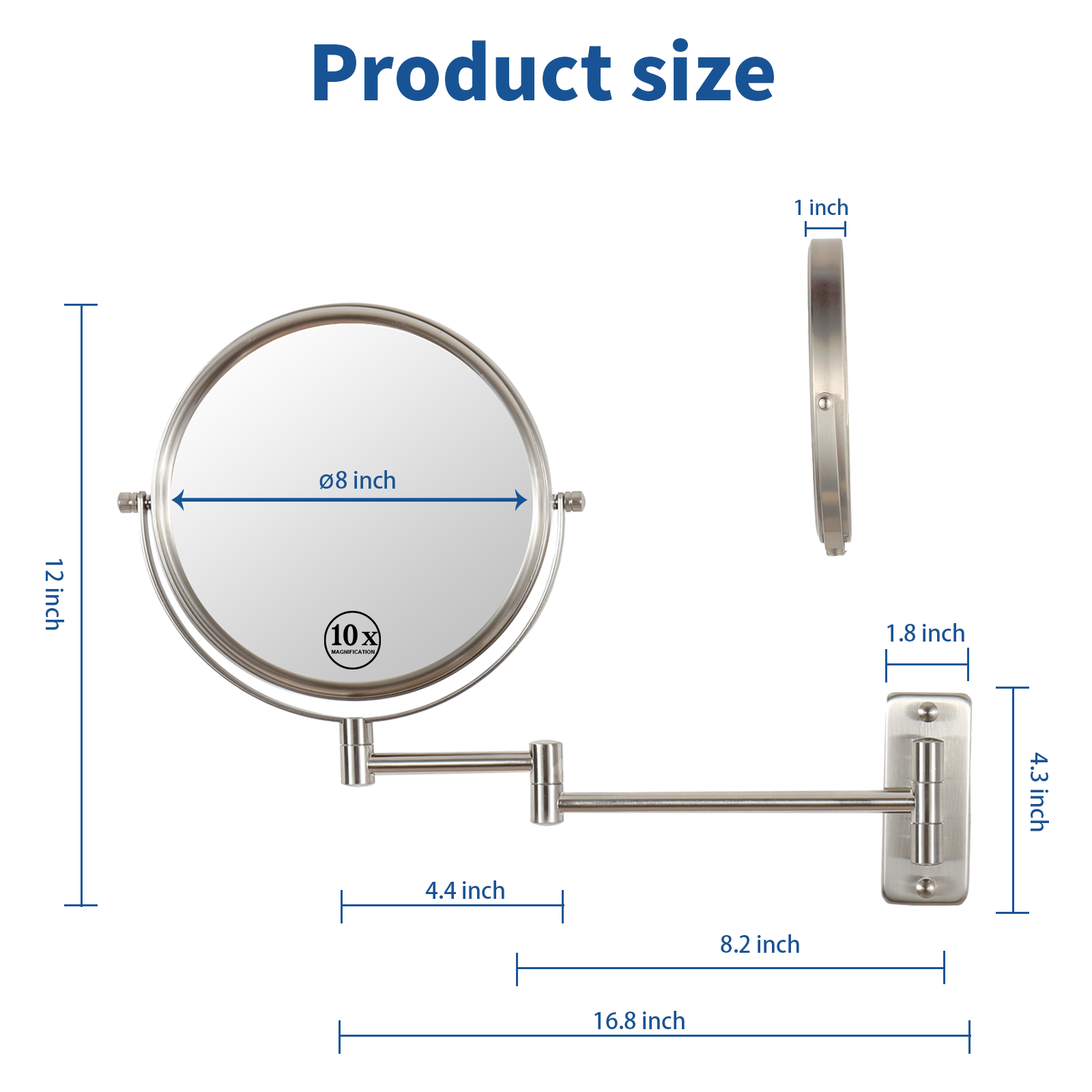 8-inch Wall Mounted Makeup Vanity Mirror, 1X / 10X Magnification Mirror, 360° Swivel with Extension Arm (Brushed Nickel)