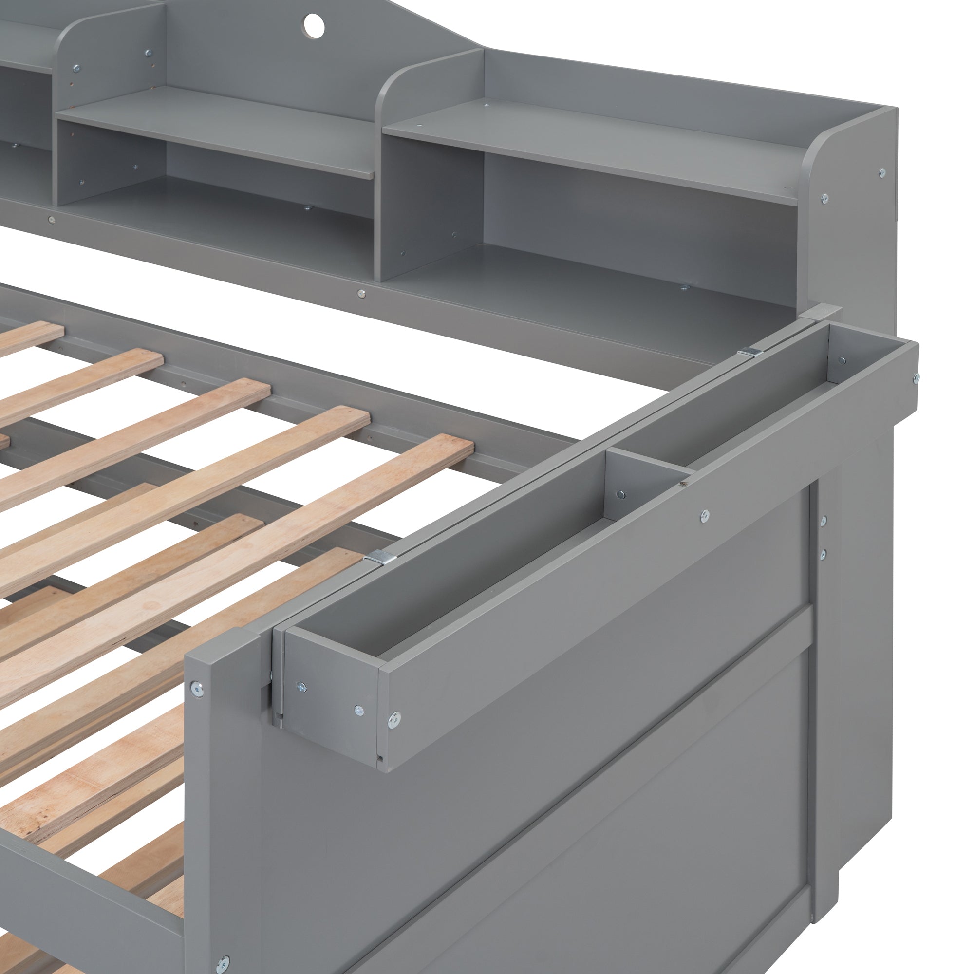 Twin XL Wooden Daybed with 2 Twin Trundles and Storage Shelf, Daybed with USB Charging Ports, No Box-spring Needed, Gray