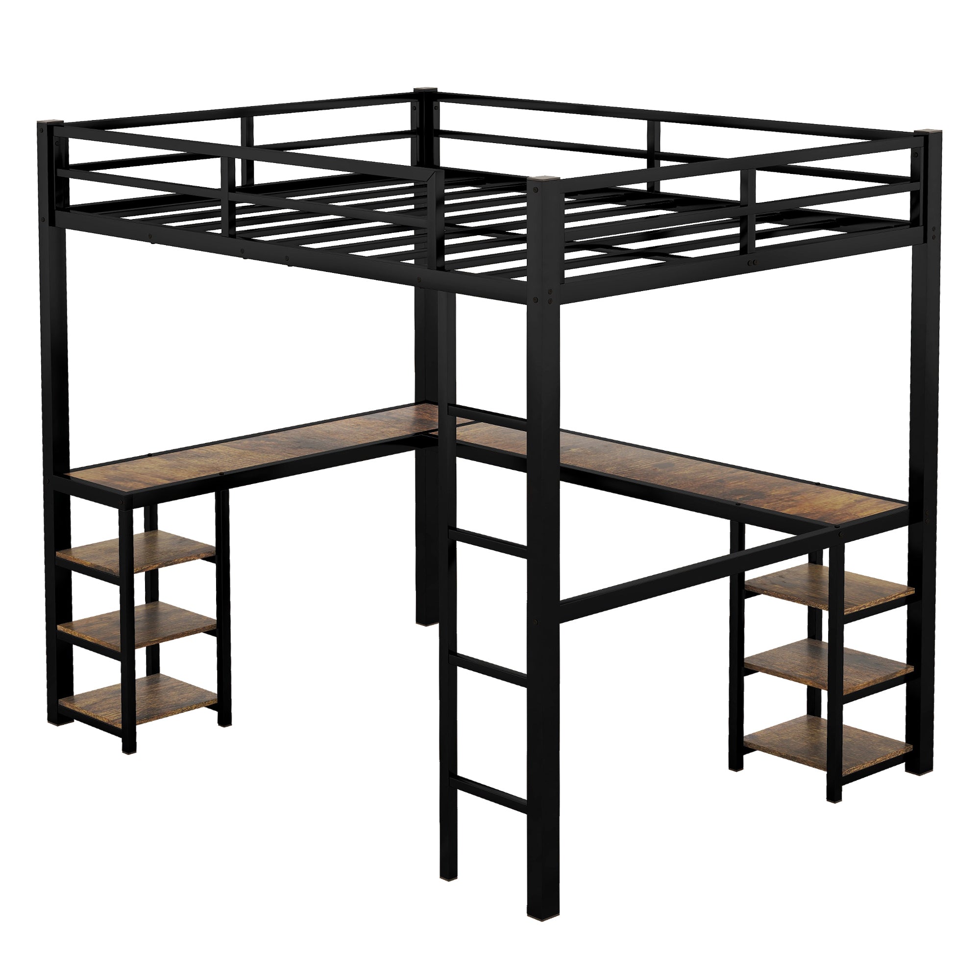 Full Metal Loft Bed with Desk and Shelves, Loft Bed with Ladder and Guardrails, Loft Bed Frame for Bedroom (Black) (Old SKU: W1307S00009)