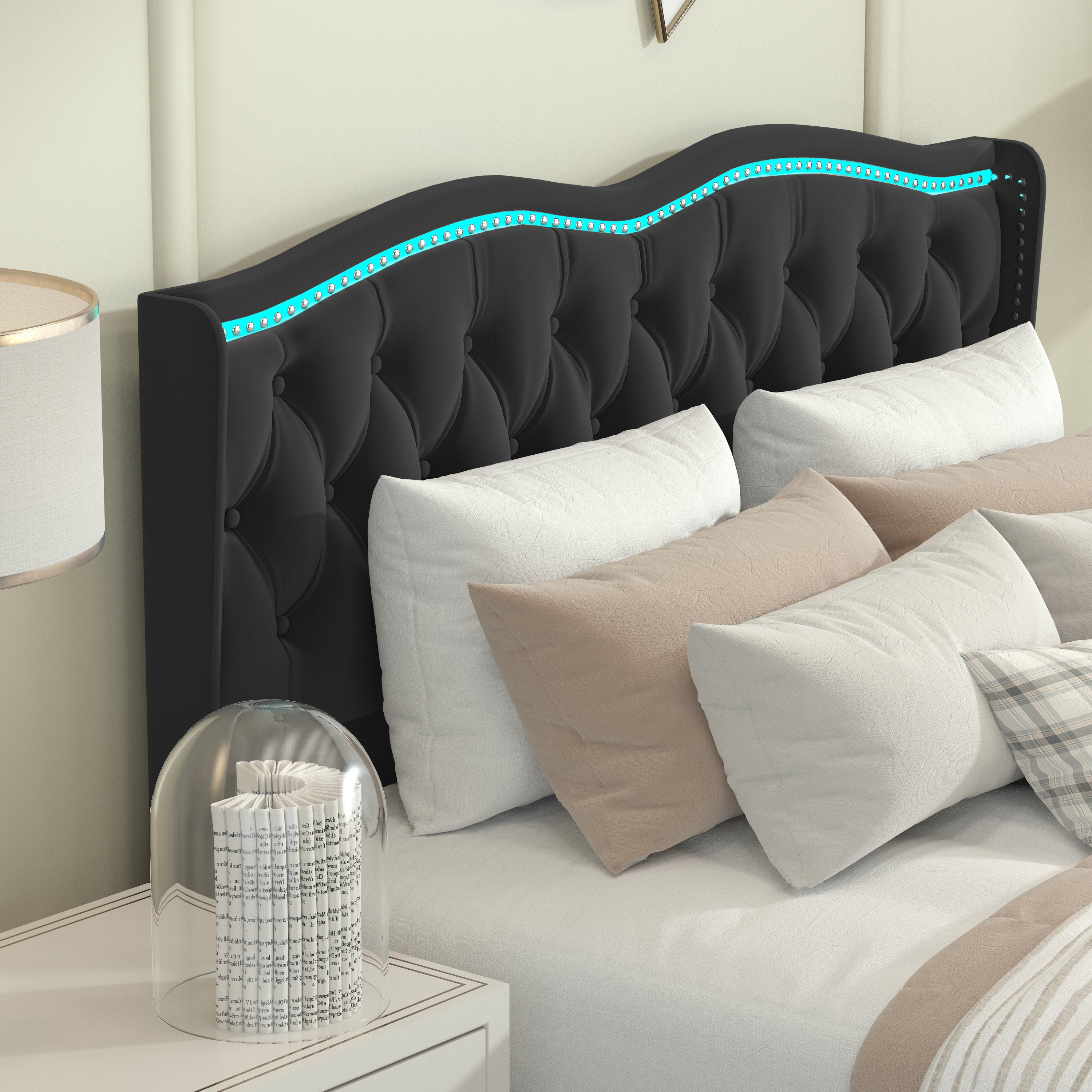 Queen Platform Bed Frame , Velvet Upholstered Bed with Deep Tufted Buttons and Nailhead Trim, Adjustable Colorful LED Light Decorative Headboard, Bed Sides with Pull-Out Storage 4 Drawers, Black
