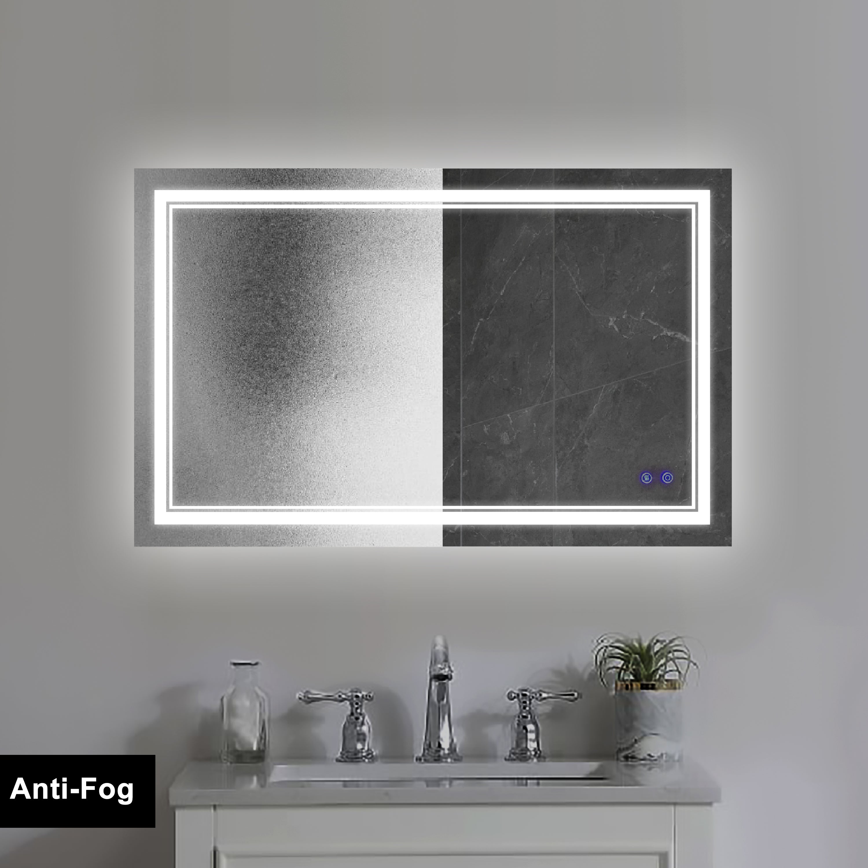 40 x 24 Inch Frameless LED Illuminated Bathroom Wall Mirror, Touch Button Defogger, Rectangular, Silver