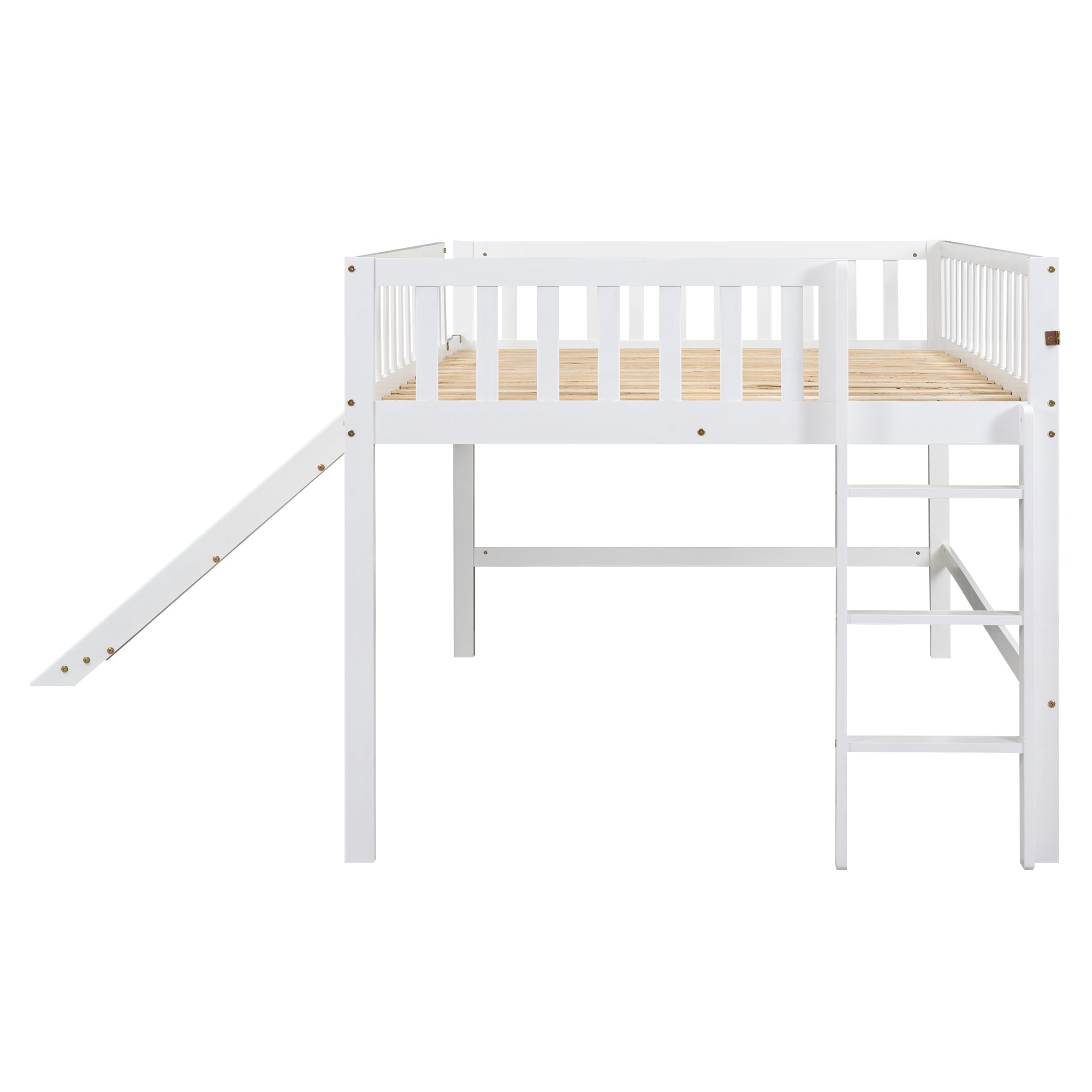 Full Size Low Loft Bed with Ladder and Slide,White