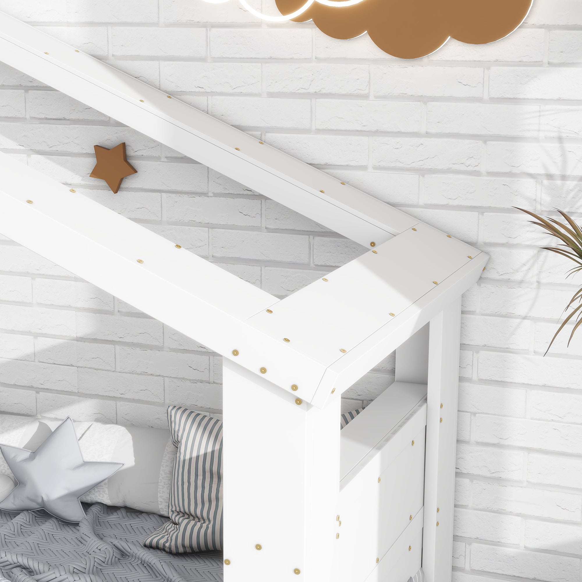 Twin House Floor Bed with Roof Window, LED Light,White