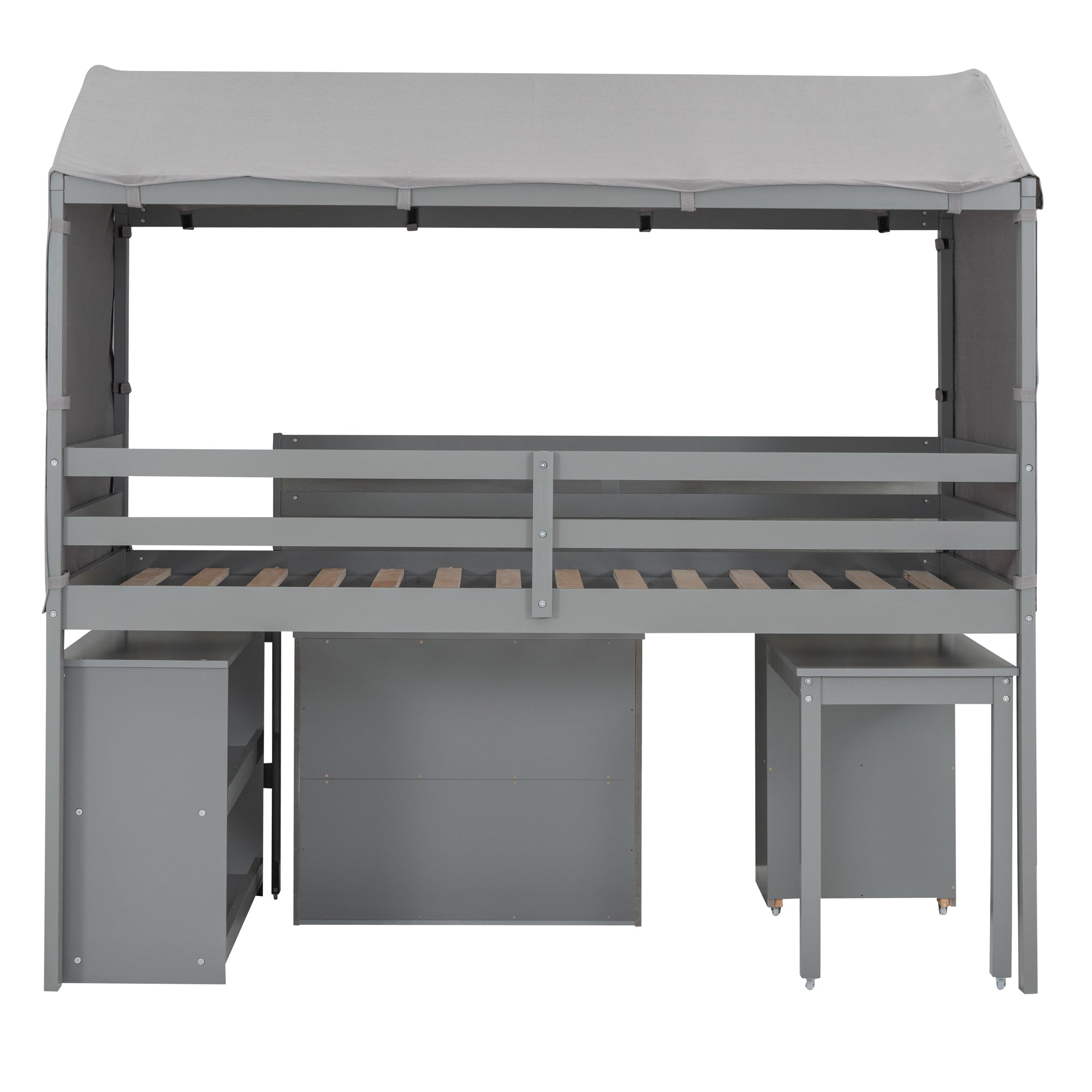 Twin Size Loft Bed with Rolling Cabinet, Shelf and Tent - Gray