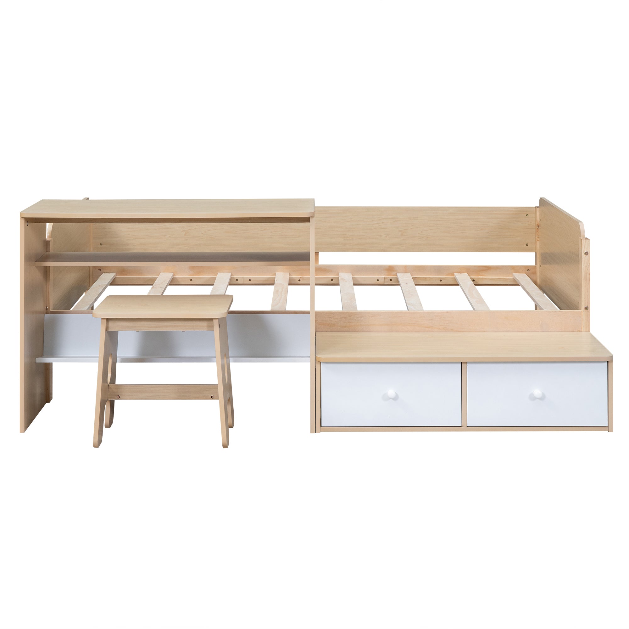 Wood Twin Size Platform Bed with 2 Drawers and 1 Chair&Desk Set, Natural+White(Expected Arrival Time: 11.22)