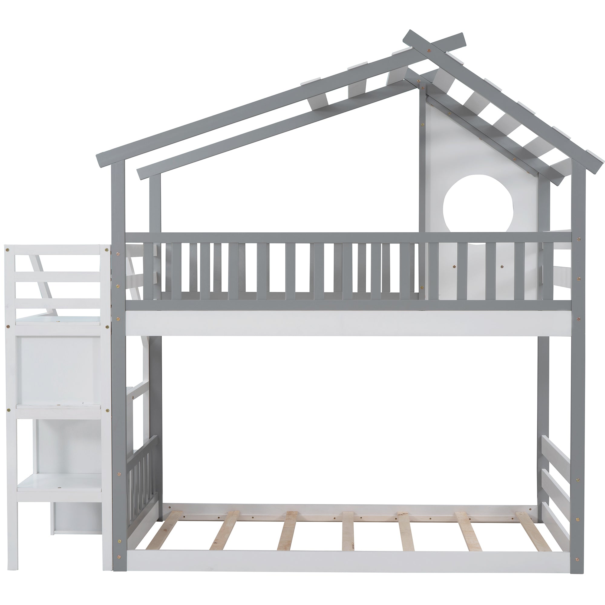 Stairway Twin-Over-Twin Bunk Bed,House Bed,Storage and Guard Rail,Gray Bed +White Stair