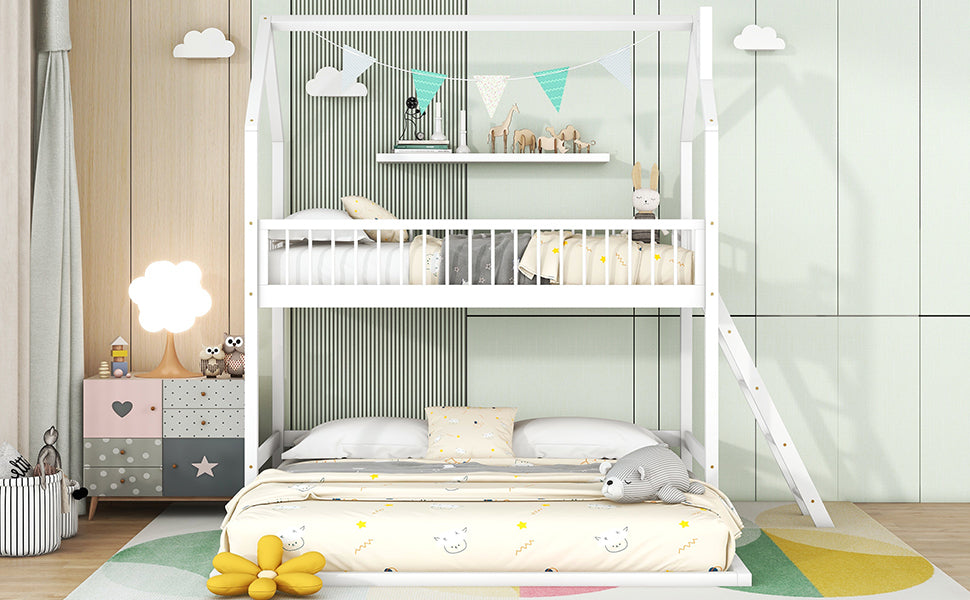 Twin Over Twin-Twin House Bunk Bed with Extending Trundle and Ladder