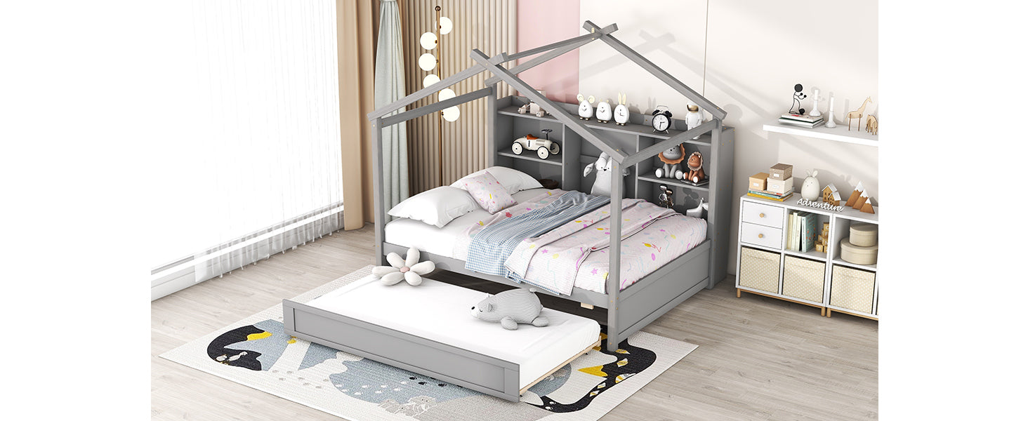 Full Size House Bed with Storage Shelves and Twin Size Trundle, Brushed Gray