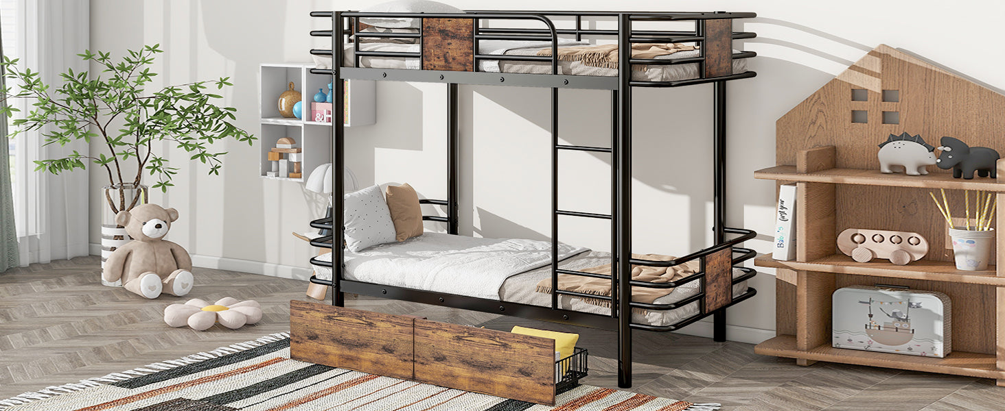 Twin XL over Twin XL Metal Bunk Bed with MDF Board Guardrail and Two Storage Drawers,Silver