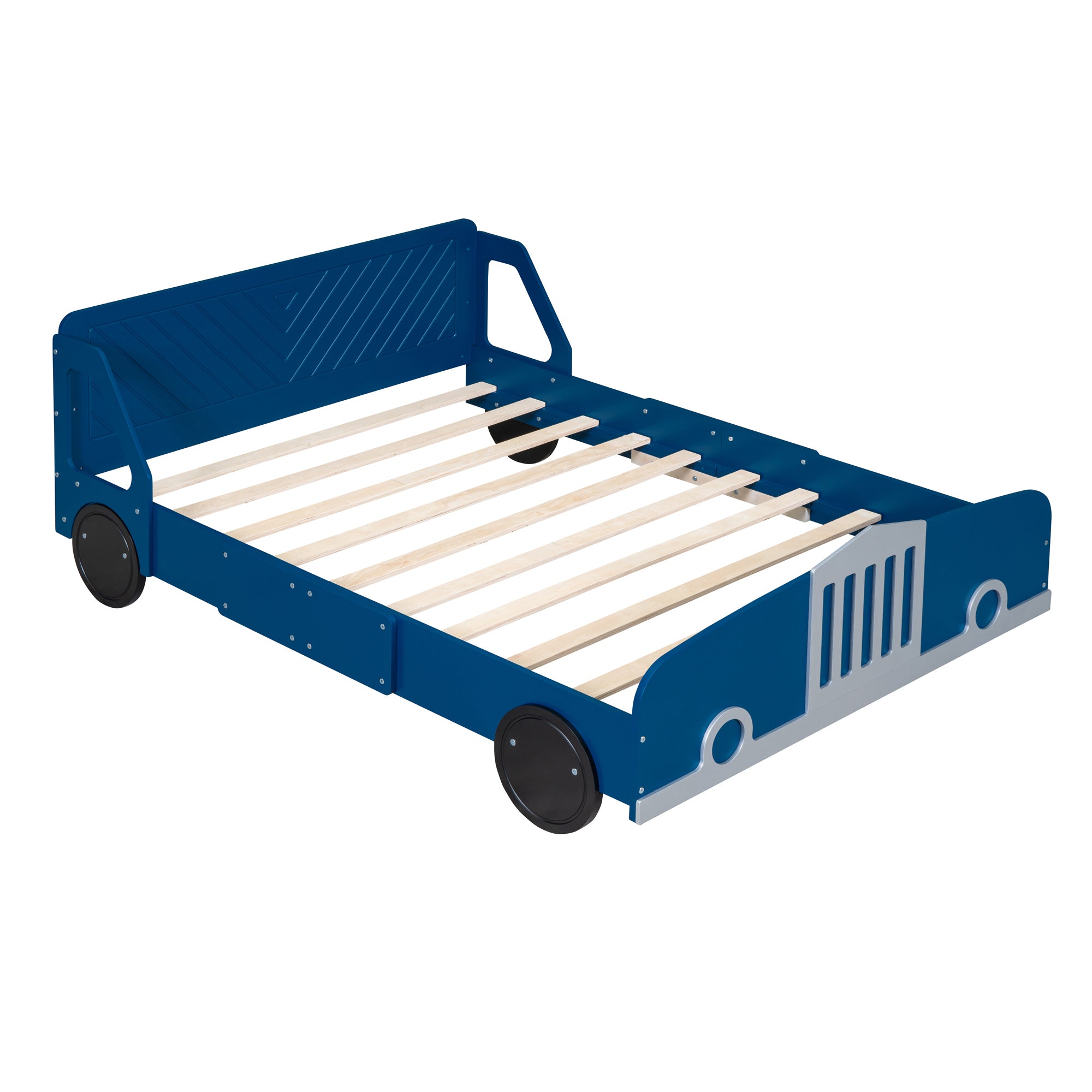Full Size Car-Shaped Platform Bed with Wheels,Blue