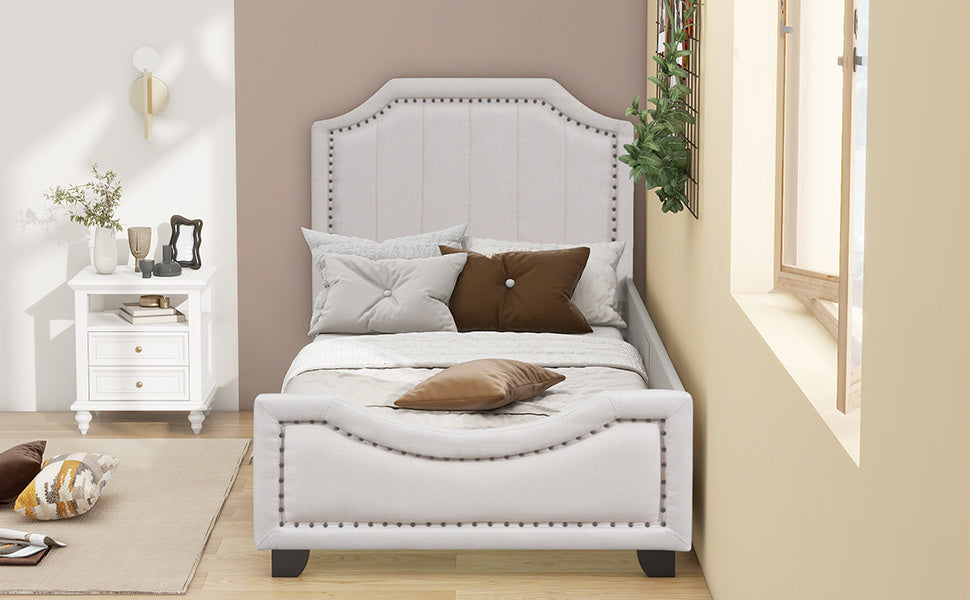 Twin Size Upholstered Platform Bed with Nailhead Trim Decoration and Guardrail, Beige