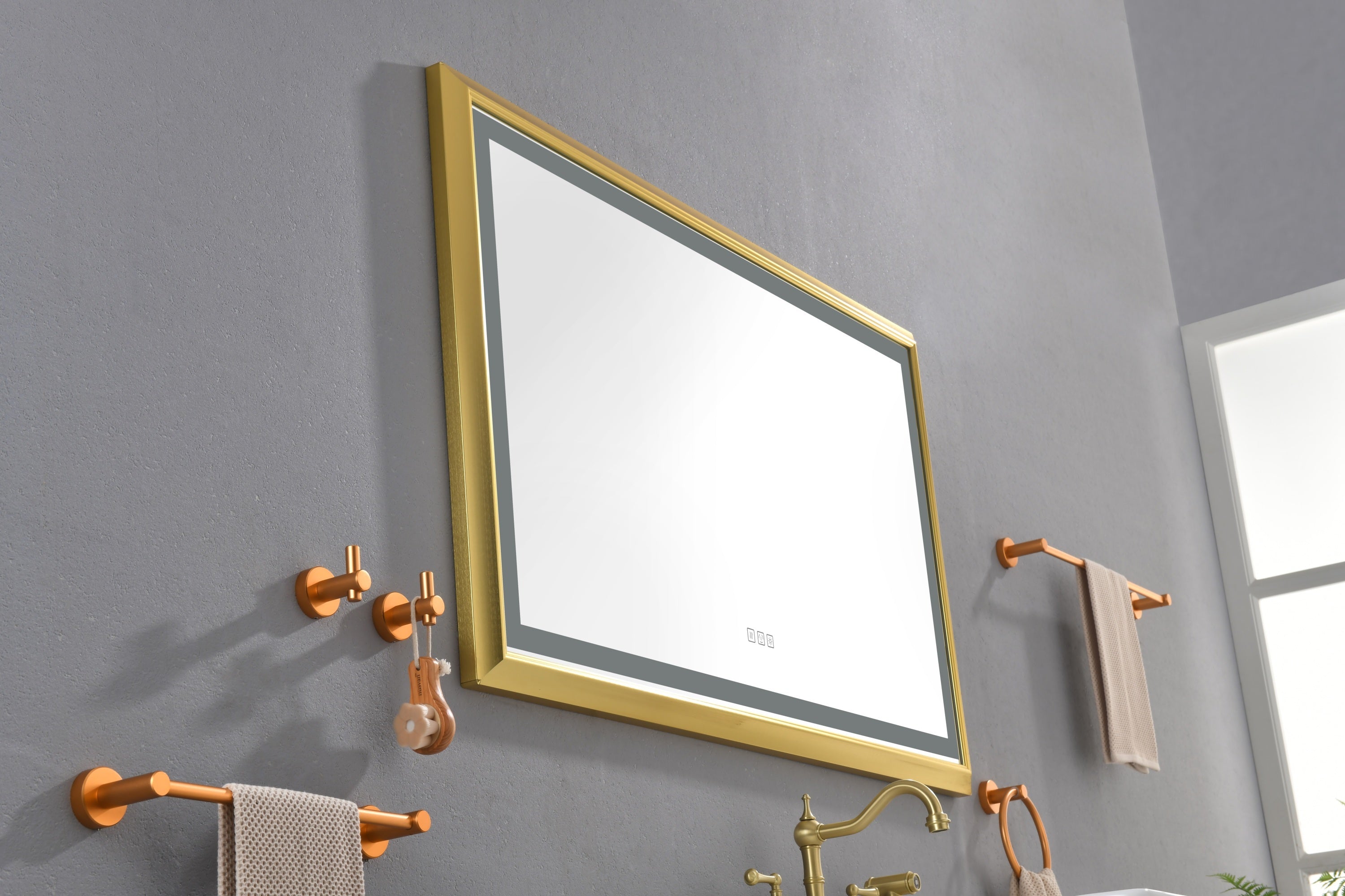 48 in. W x 30 in. H Oversized Rectangular Gold Framed LED Mirror Anti-Fog Dimmable Wall Mount Bathroom Vanity Mirror Wall Mirror Kit For Gym And Dance Studio