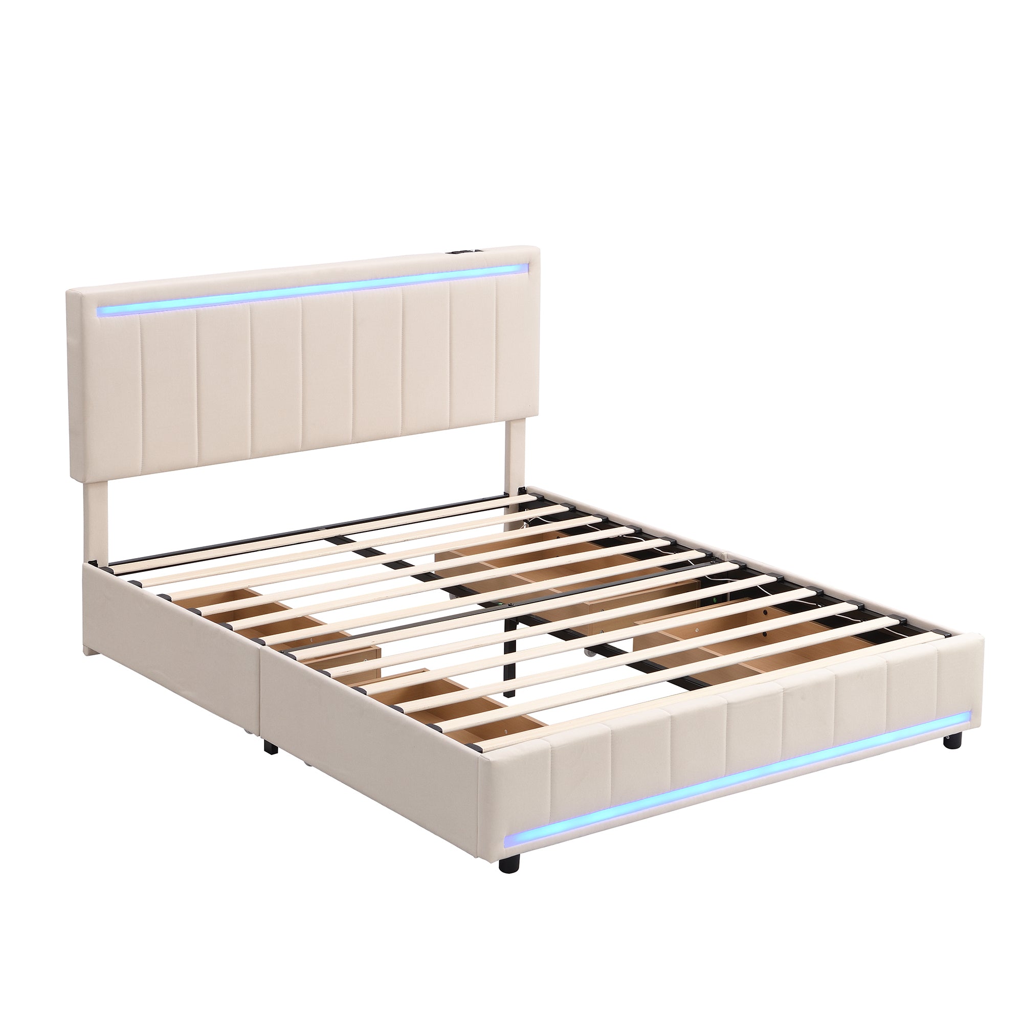 Queen Size Upholstered Bed with LED Light and 4 Drawers, Modern Platform Bed with a set of Sockets and USB Ports, Linen Fabric, Beige