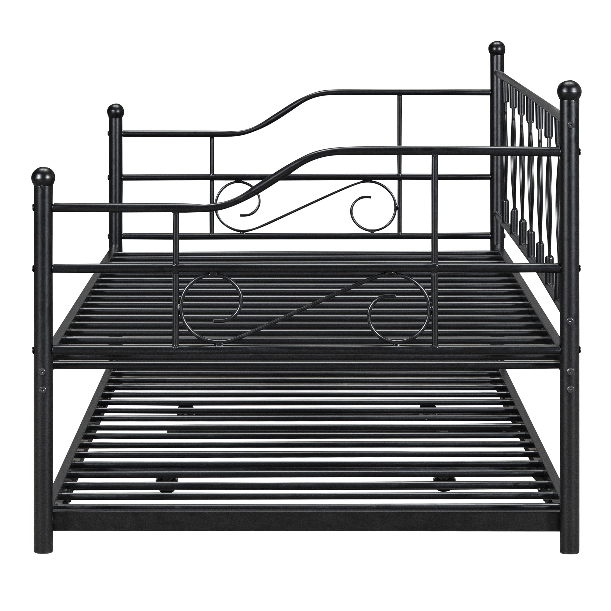 Twin Size Metal Daybed with Twin Size Adjustable Trundle, Portable Folding Trundle, Black