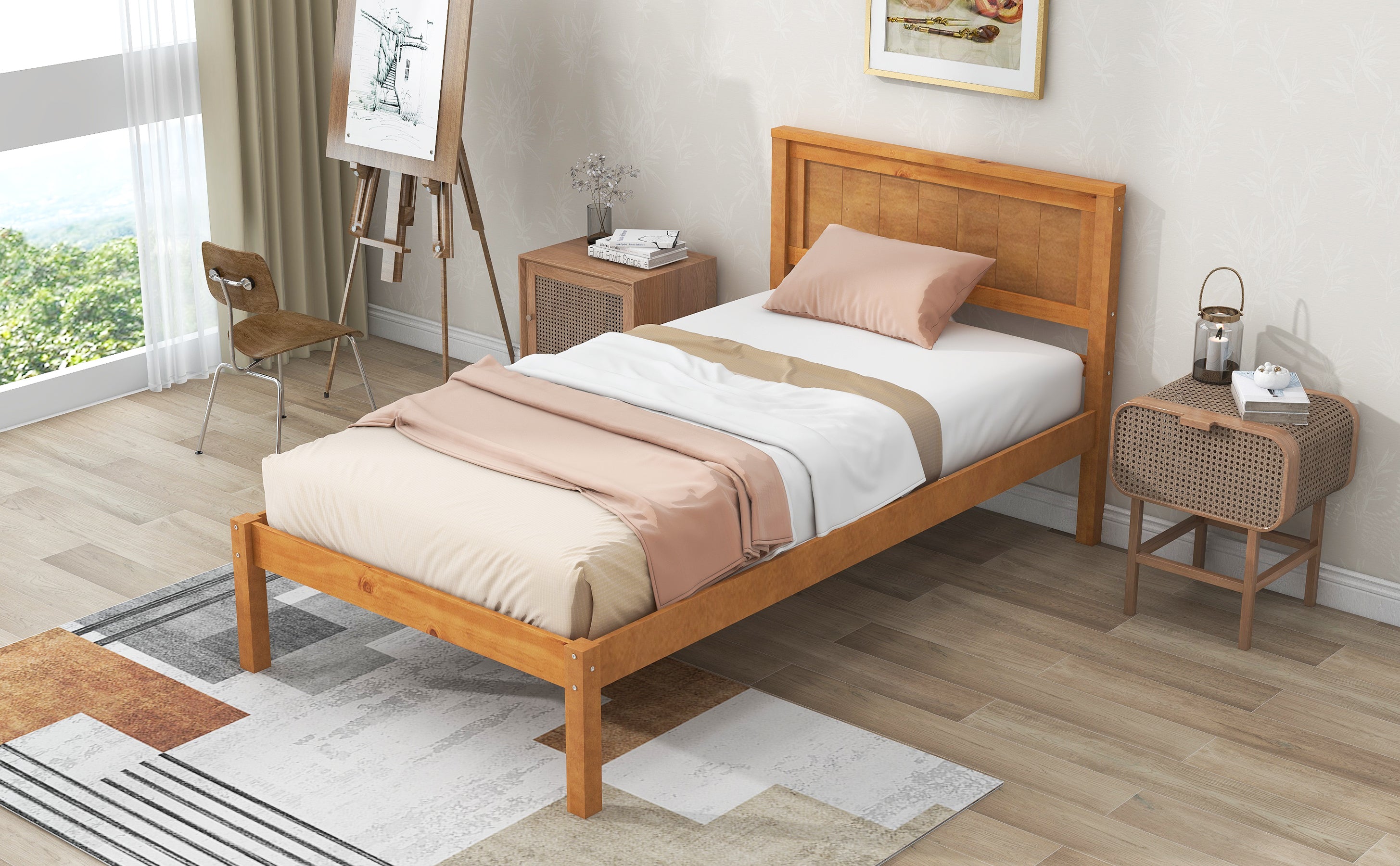 Platform Bed Frame with Headboard , Wood Slat Support , No Box Spring Needed ,Twin,Oak