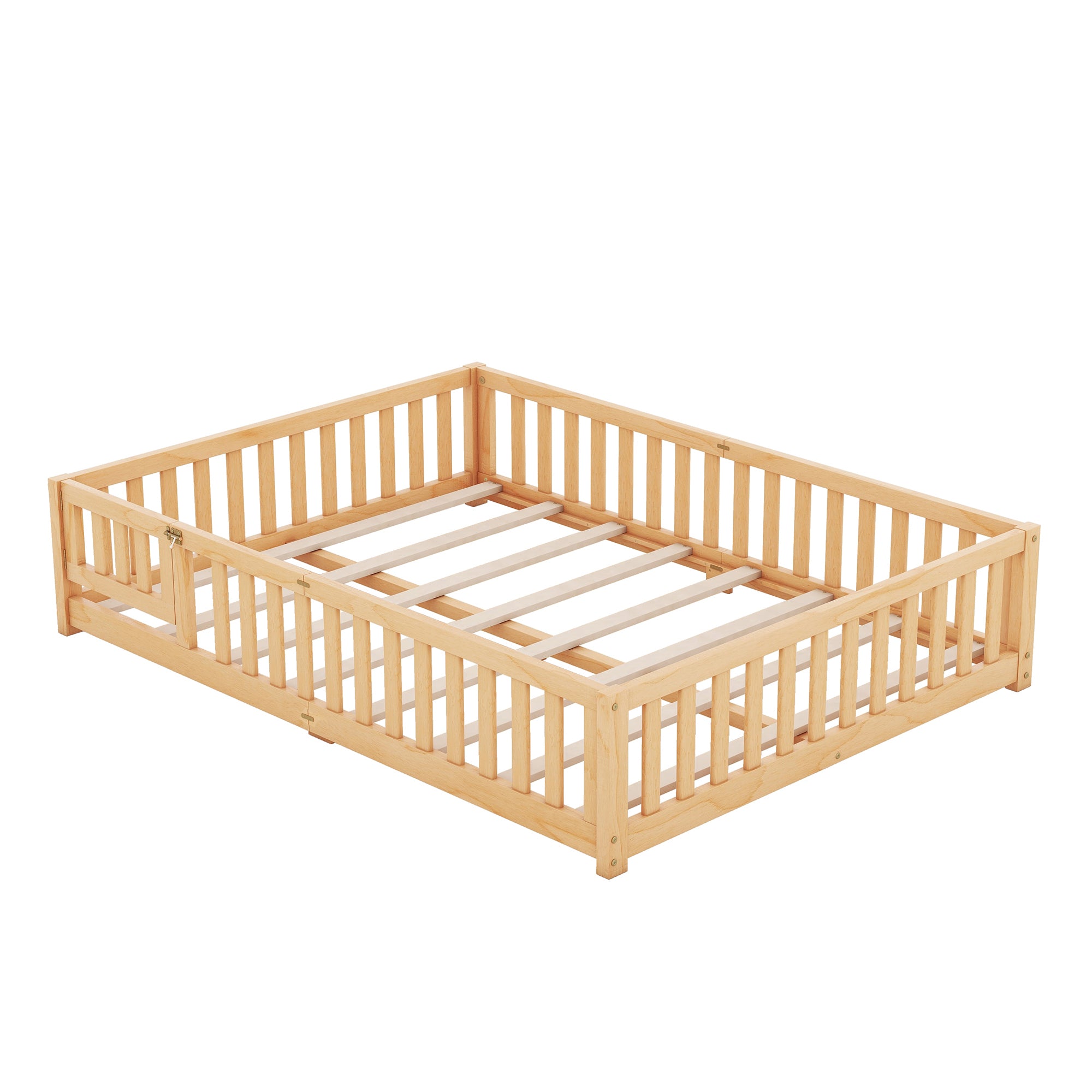 Queen Size Bed Floor Bed with Safety Guardrails and Door for Kids, Natural (Expect Arrival Date Nov.2nd)