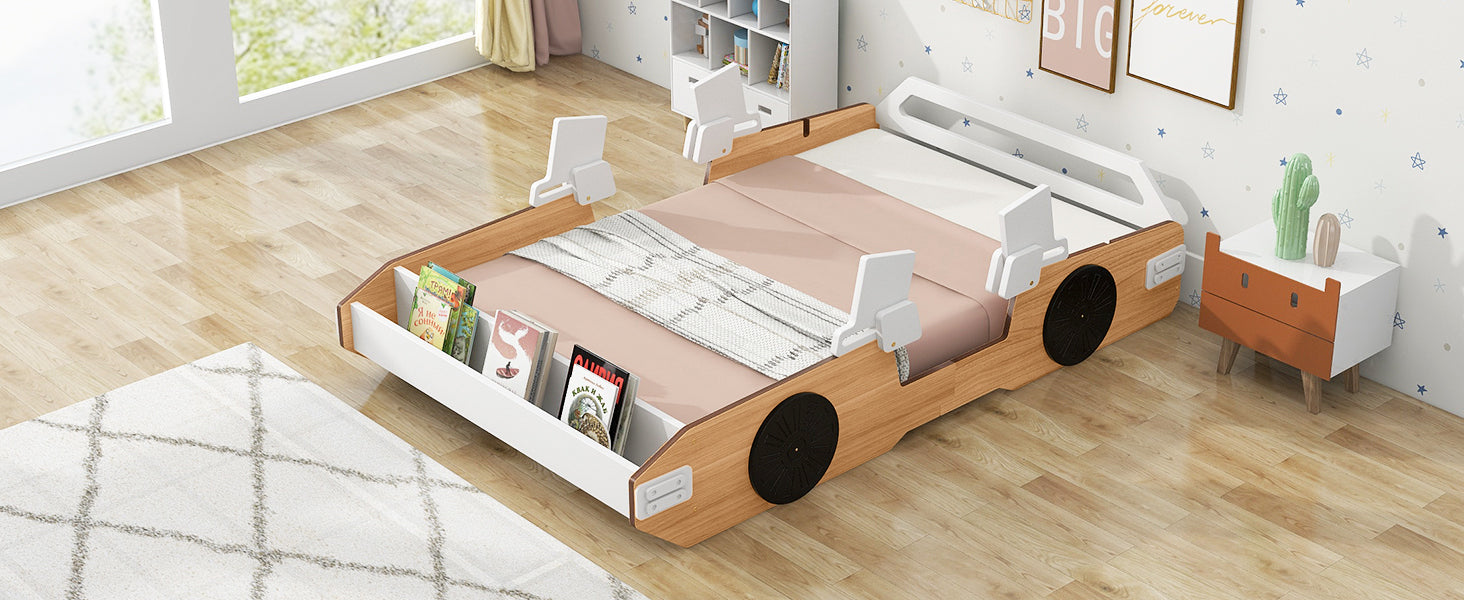 Wood Twin Size Racing Car Bed with Door Design and Storage, Natural+White+Black
