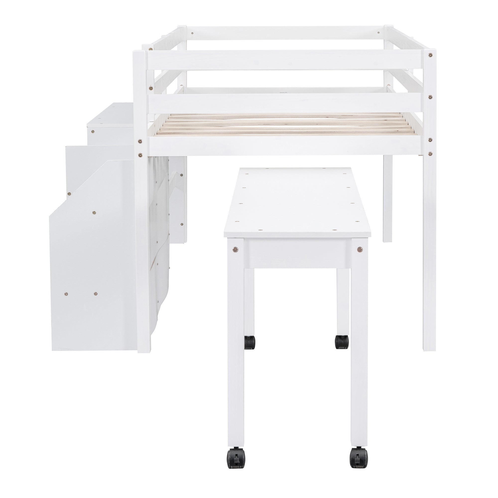 Twin Size Loft Bed with Desk and Drawers, Wooden Loft Bed with Lateral Portable Desk, White