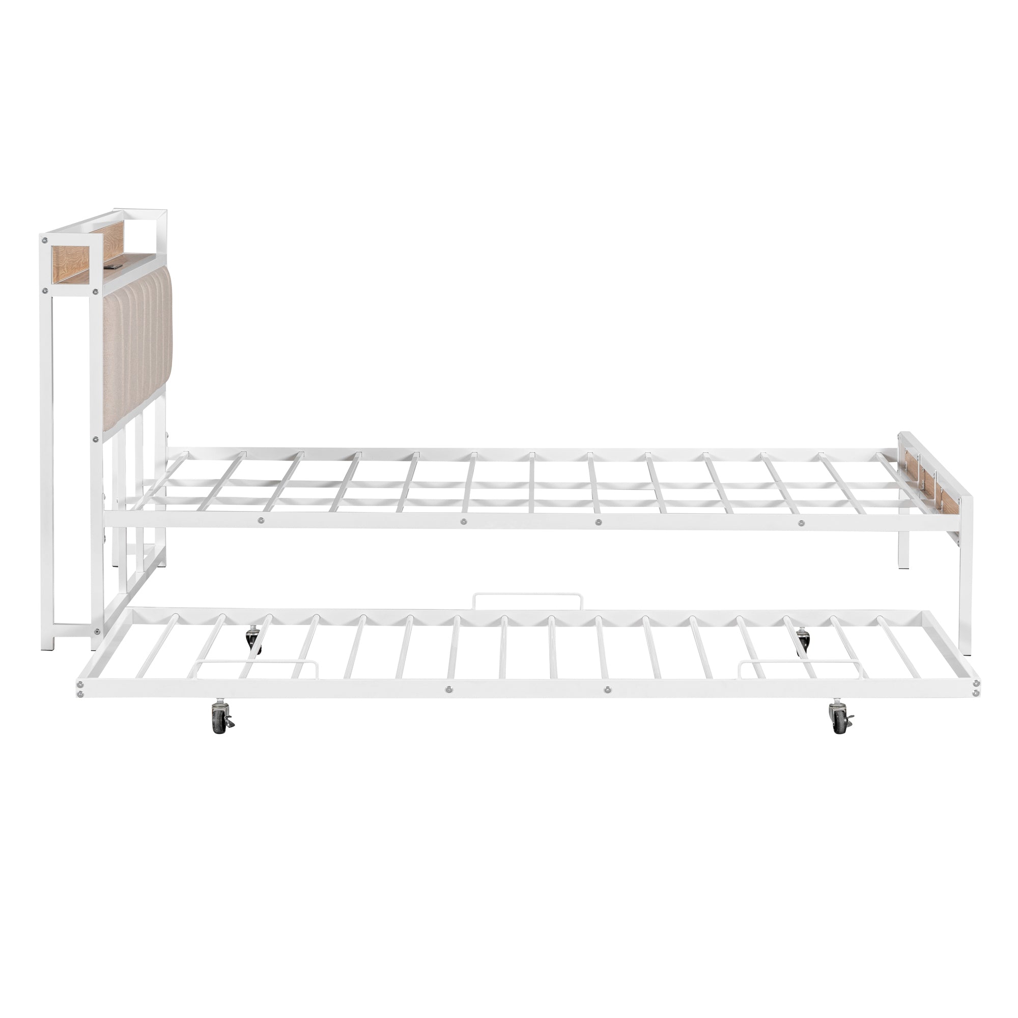 Queen Size Metal Platform Bed Frame with Twin size trundle, Upholstered headboard, Sockets, USB Ports and Slat Support, No Box Spring Needed, White