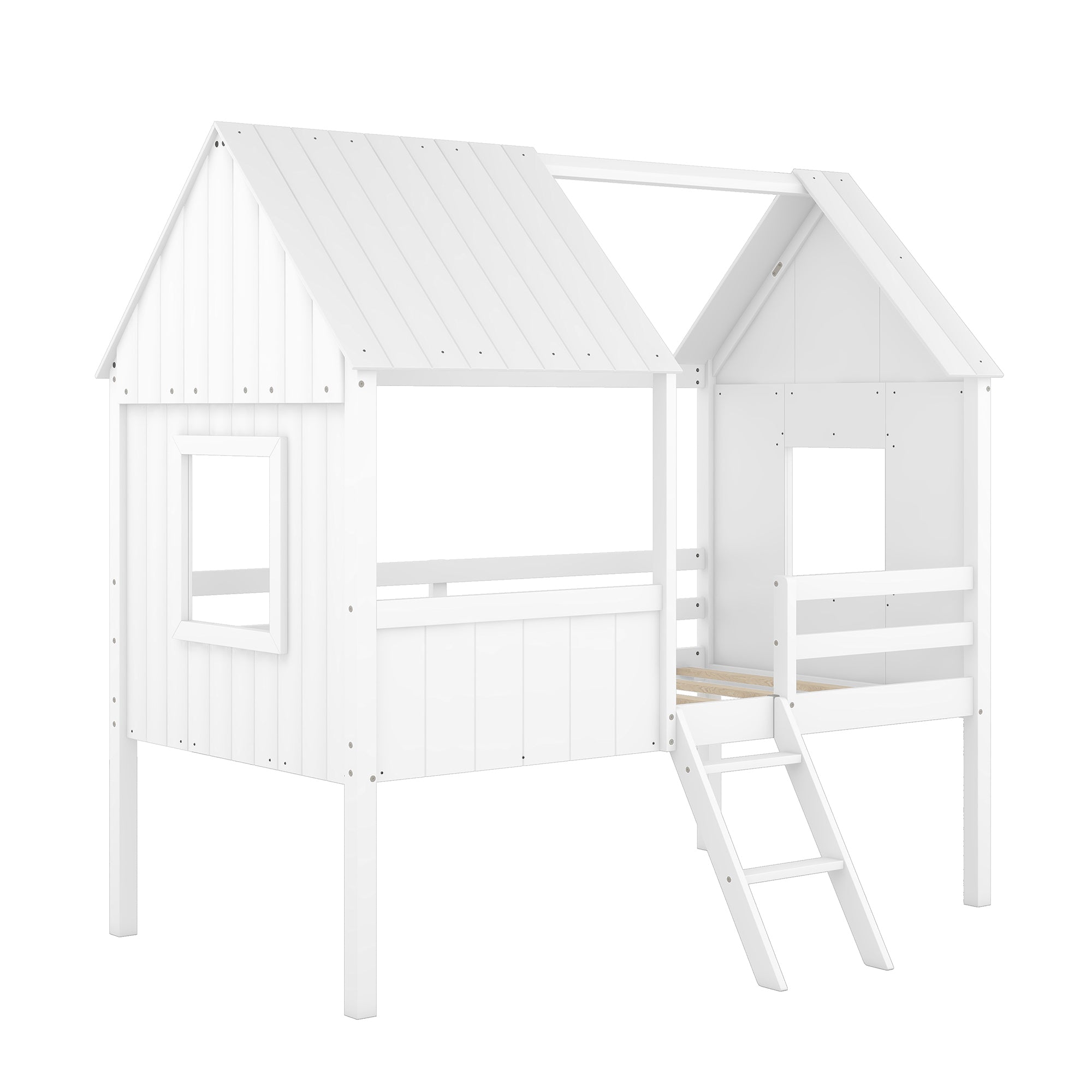Twin Size Low Loft Wood House Bed with Two Side Windows (White)(OLD SKU: LP000037AAK)