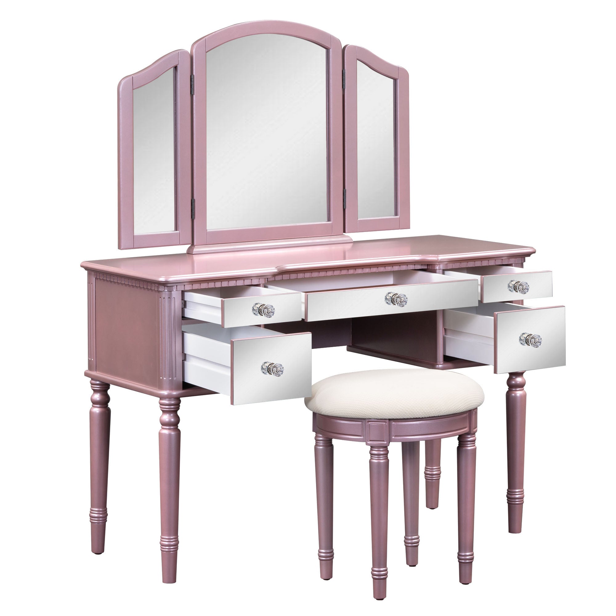 43" Dressing Table Set with Mirrored Drawers and Stool, Tri-fold Mirror, Makeup Vanity Set for Bedroom, Rose Gold