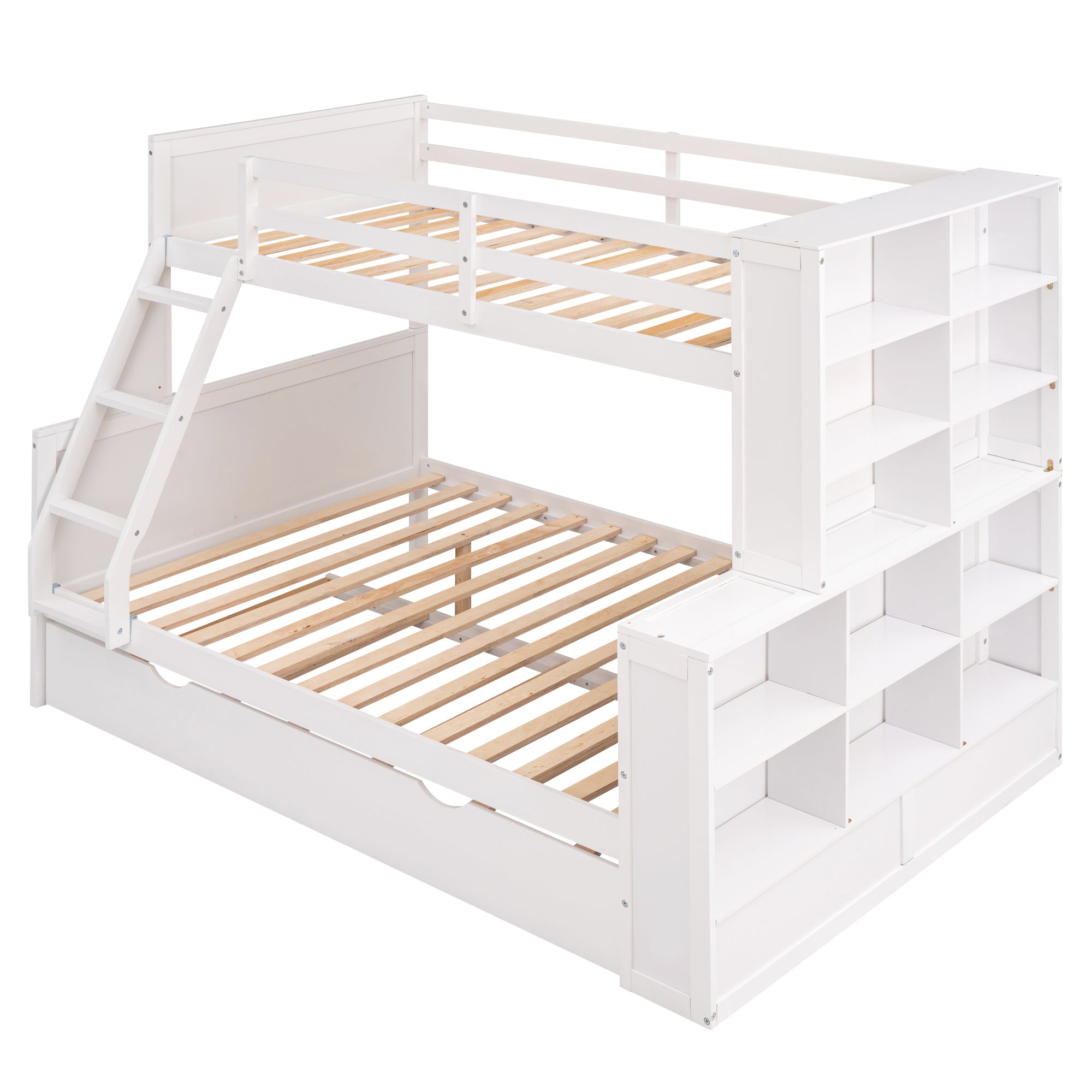 Twin over Full Bunk Bed with Trundle and Shelves, can be Separated into Three Separate Platform Beds, White