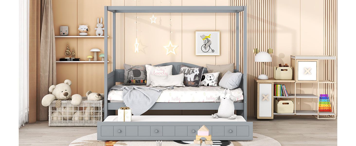 Twin Size Canopy Day Bed with twin size Trundle, Gray