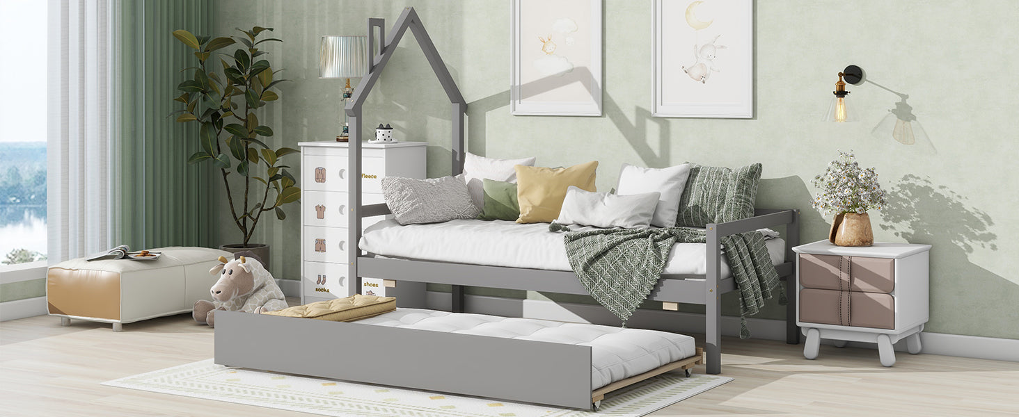 Twin Wooden Daybed with trundle, Twin House-Shaped Headboard bed with Guardrails,Grey