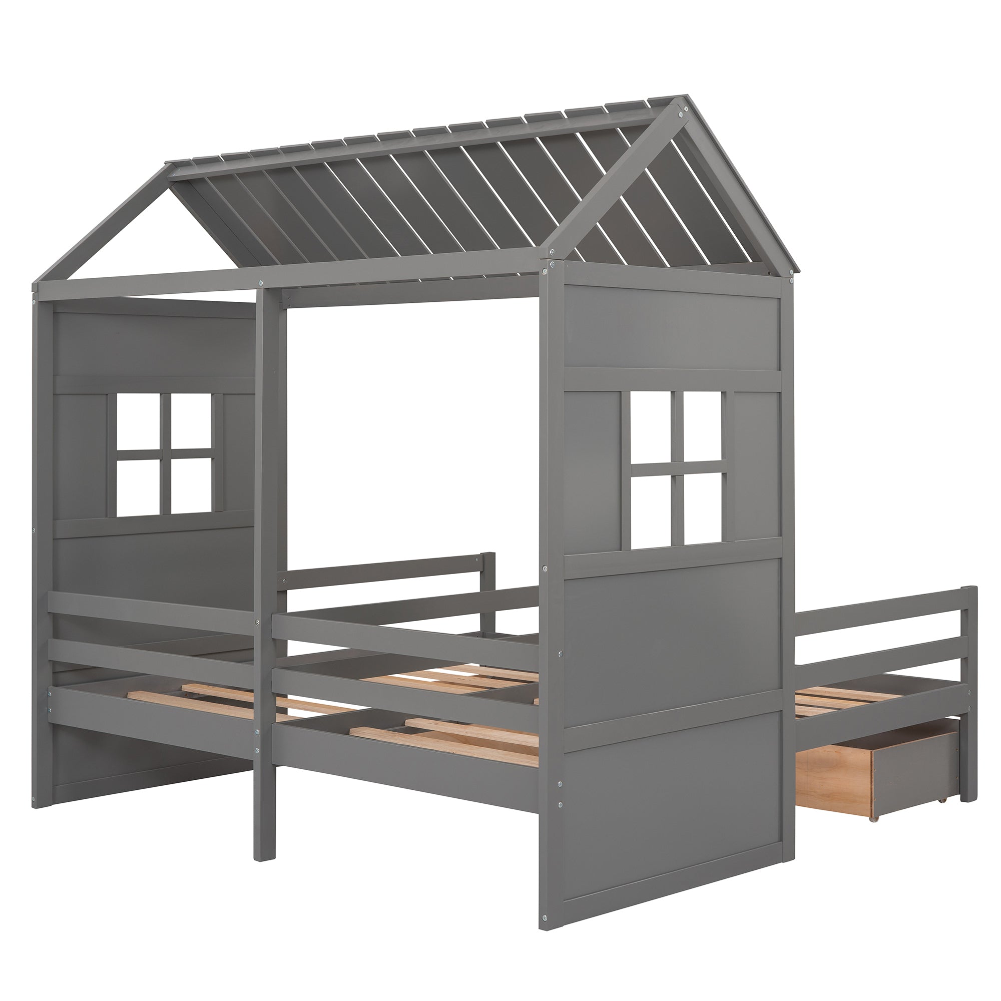 Twin Twin House Bed with 2 Drawers, Gray