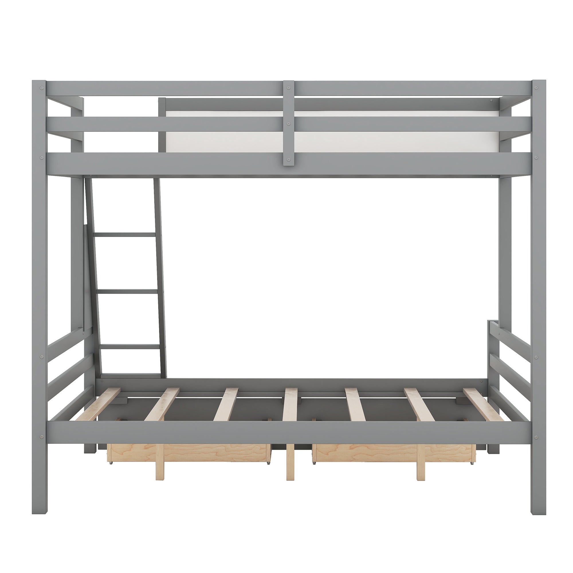 Wood Twin over Full Bunk Bed with Whiteboard, 3 Hooks and 2 Drawers, Grey