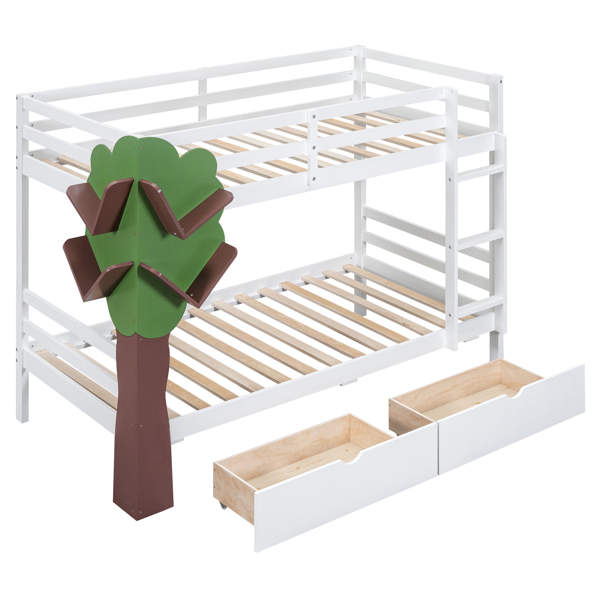 Twin-Over-Twin Bunk Bed with a Tree Decor and Two Storage Drawers, White