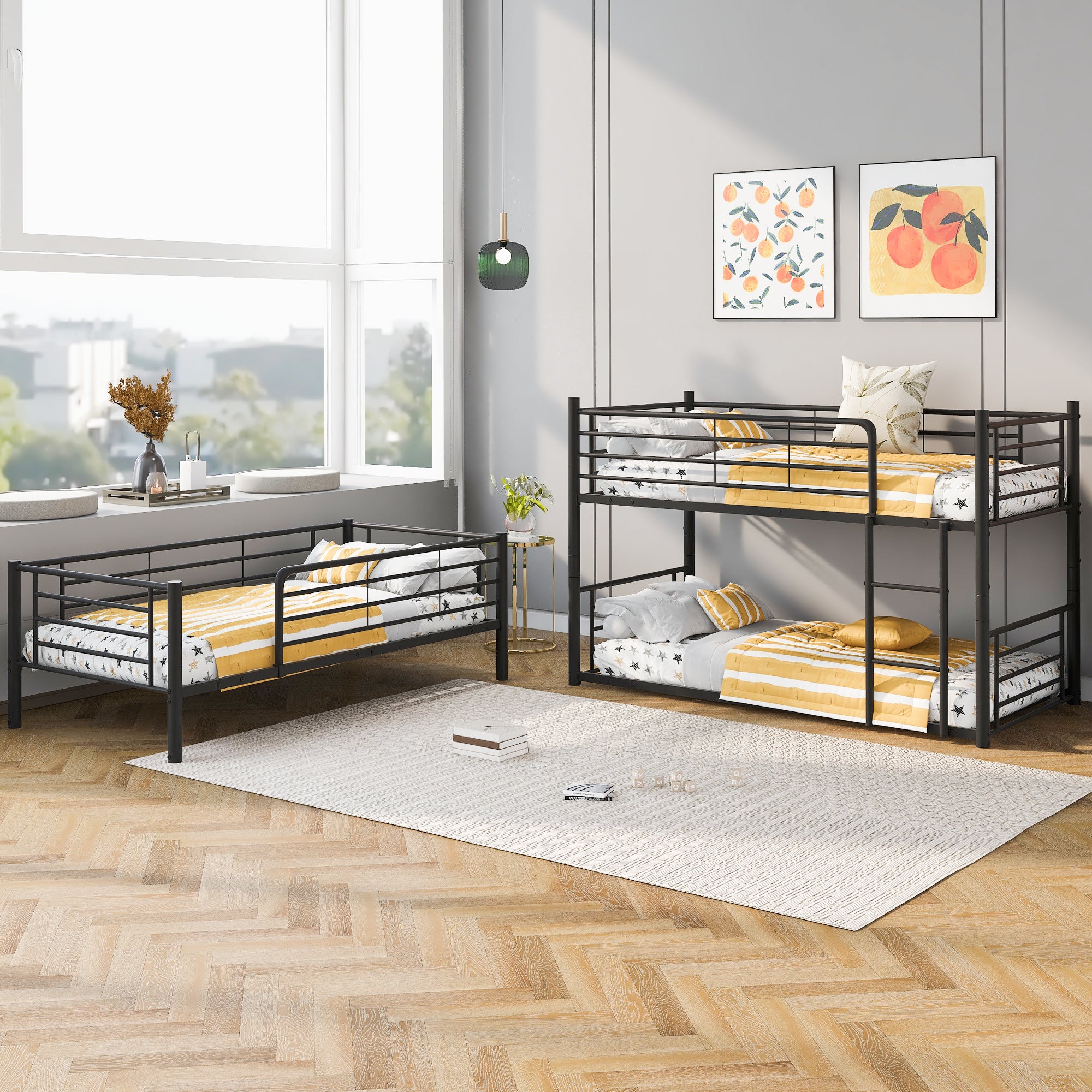 Twin-Twin-Twin Triple Bed with Built-in Ladder, Divided into Three Separate Beds,Black(OLD SKU:LP000197AAB)