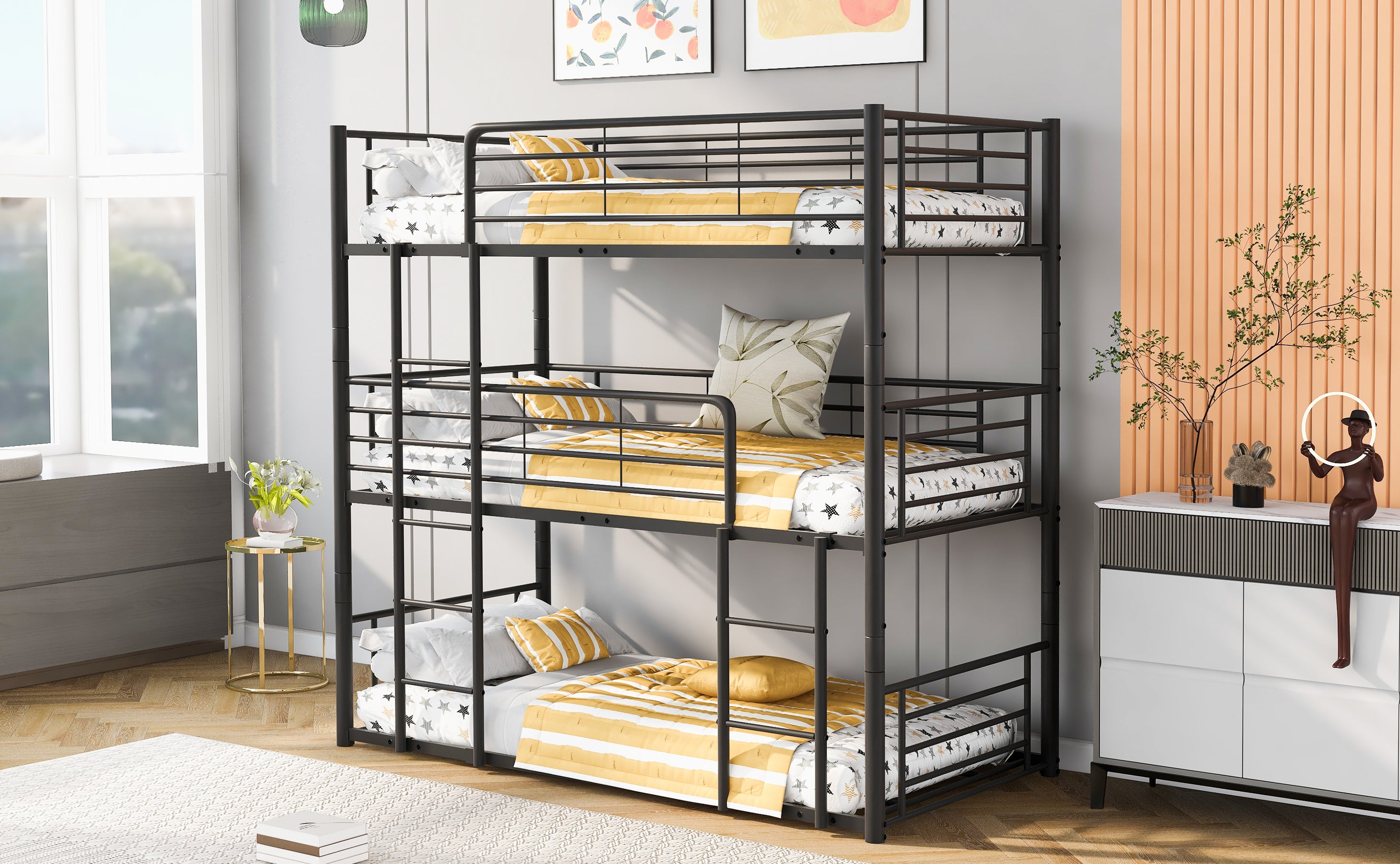Twin-Twin-Twin Triple Bed with Built-in Ladder, Divided into Three Separate Beds,Black(OLD SKU:LP000197AAB)