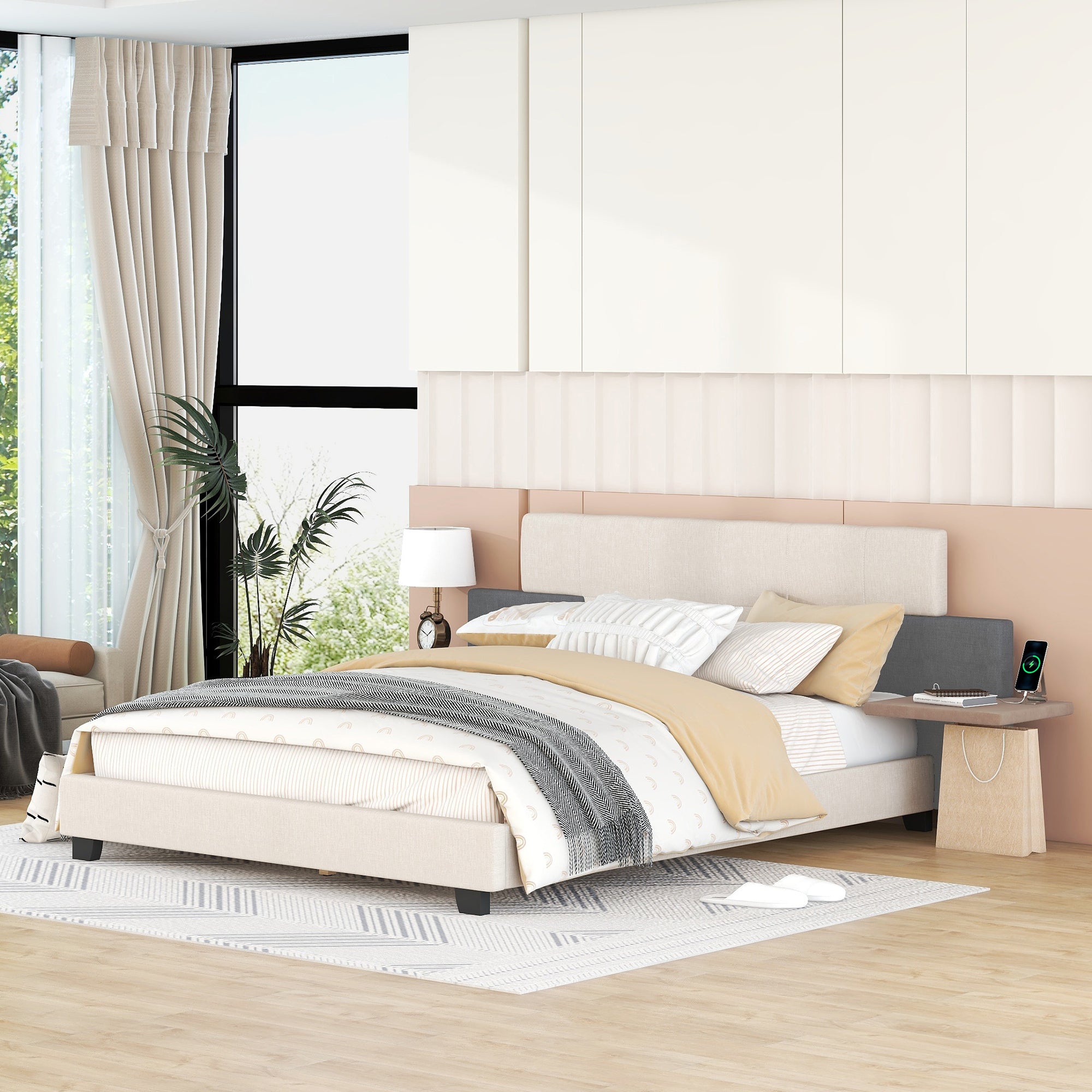 Queen Size Upholstered Platform Bed with Bedside Shelves and USB Charging Design, Beige+Gray