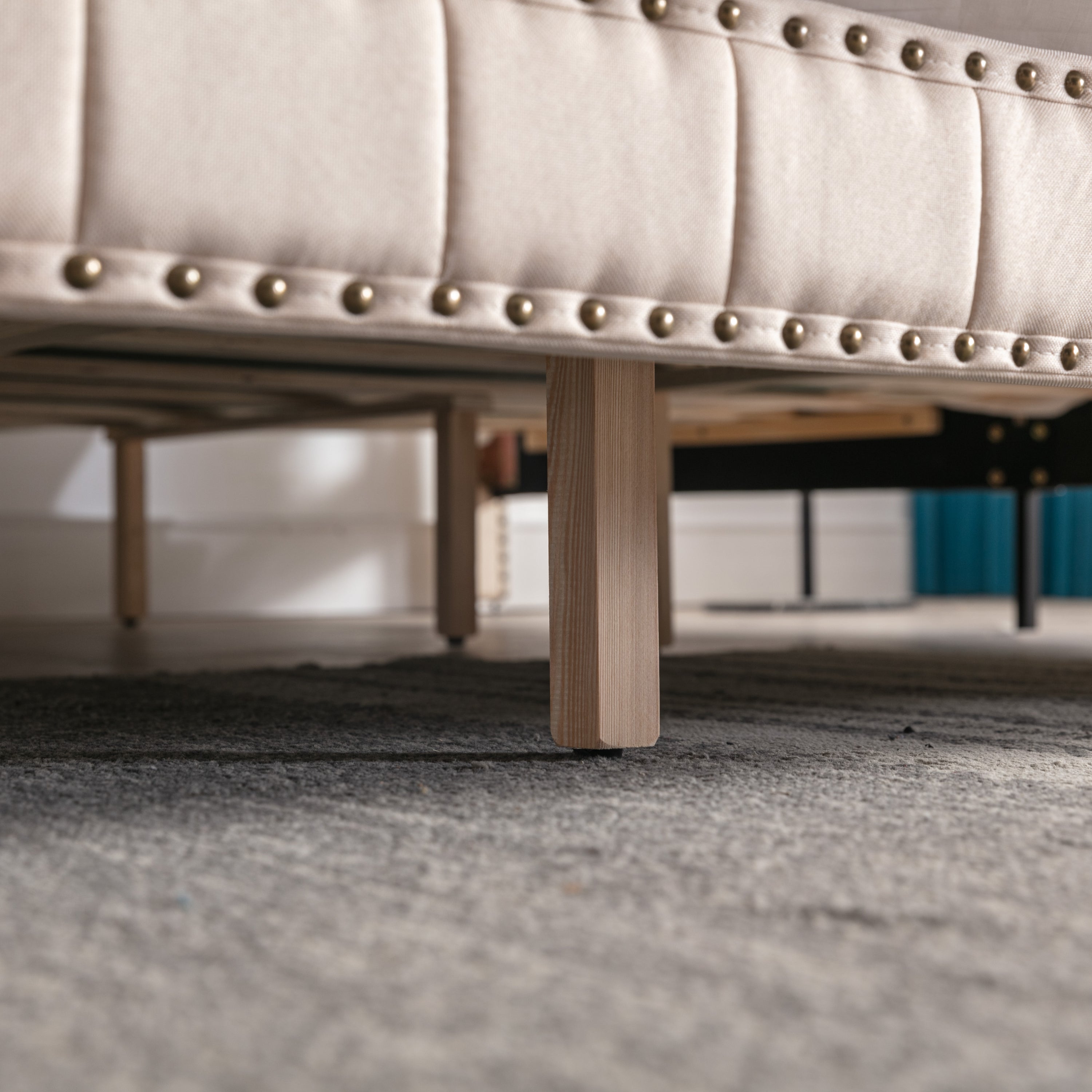 DongHeng King Size Bed with Headboard,Modern Linen Curved Upholstered Platform Bed,Solid Wood Frame,Nailhead Trim,Beige