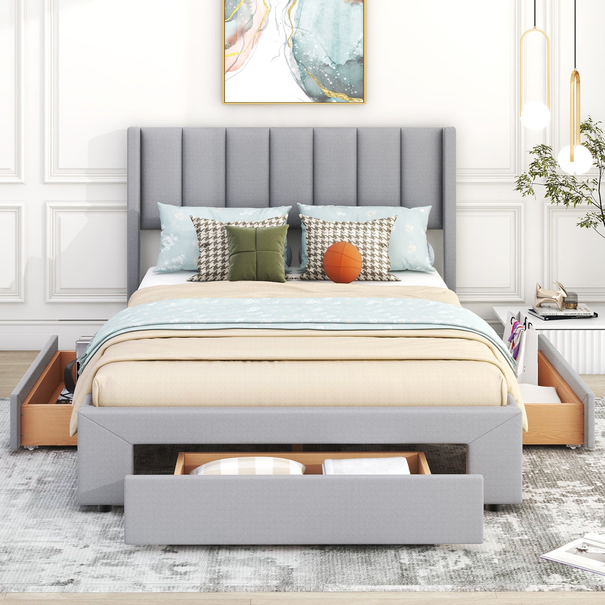 Full Size Upholstered Platform Bed with One Large Drawer in the Footboard and Drawer on Each Side,Gray