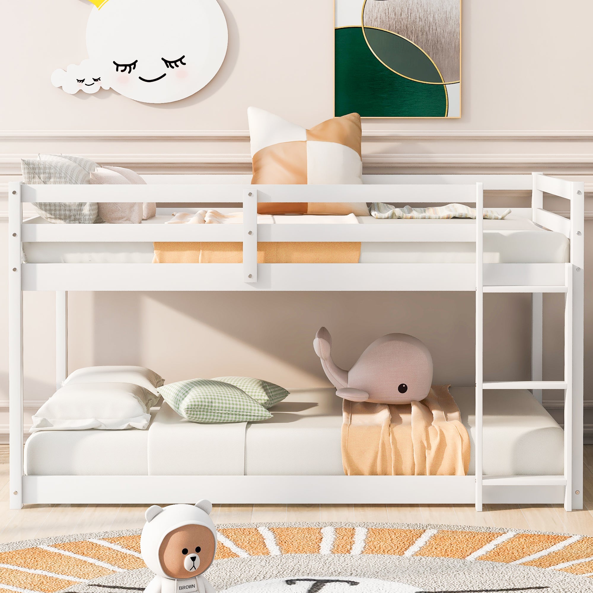 Twin over Twin Floor Bunk Bed with Ladder, White(Old SKU:WF293017AAK)