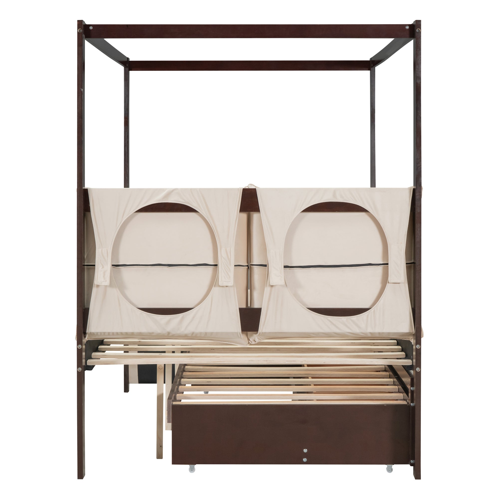 Full Size Upholstered Canopy Bed with Trundle and 3 Drawers, Beige