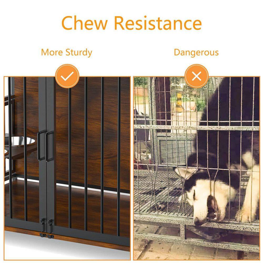 Furniture Style Adjustable Dog Crate with Adjustable Raised Feeder