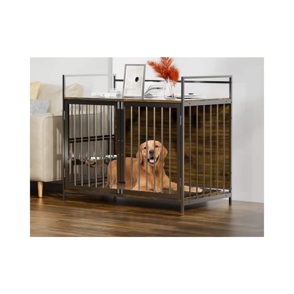 Furniture Style Adjustable Dog Crate with Adjustable Raised Feeder