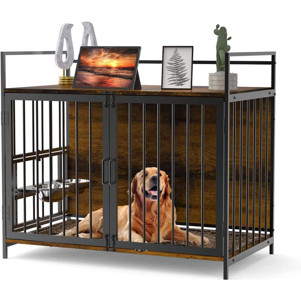 Furniture Style Adjustable Dog Crate with Adjustable Raised Feeder