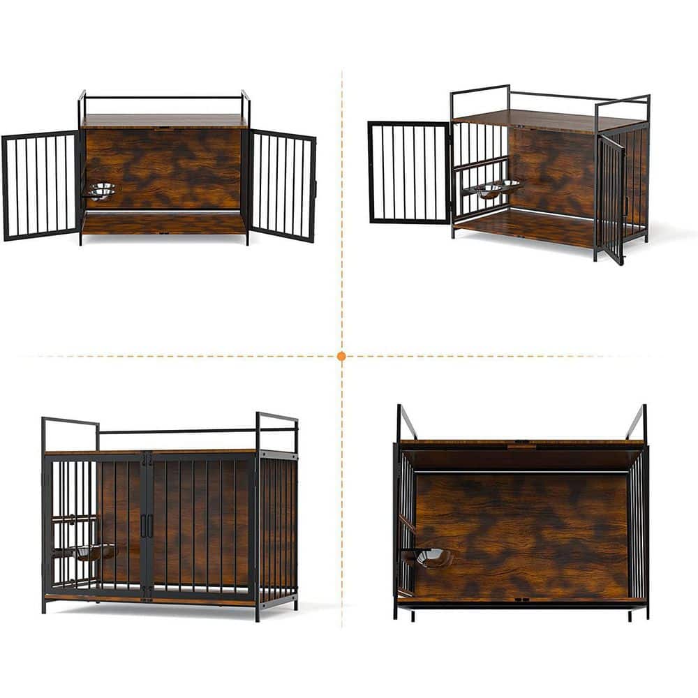 Furniture Style Adjustable Dog Crate with Adjustable Raised Feeder