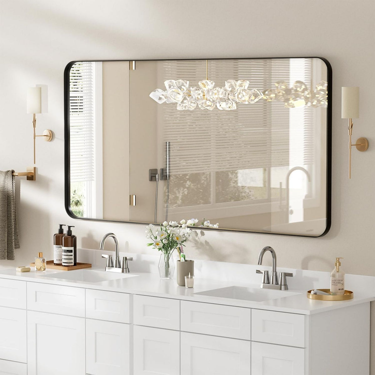 Tempered Glass Rounded Rectangle Framed Wall-Mounted Bathroom Vanity Mirror