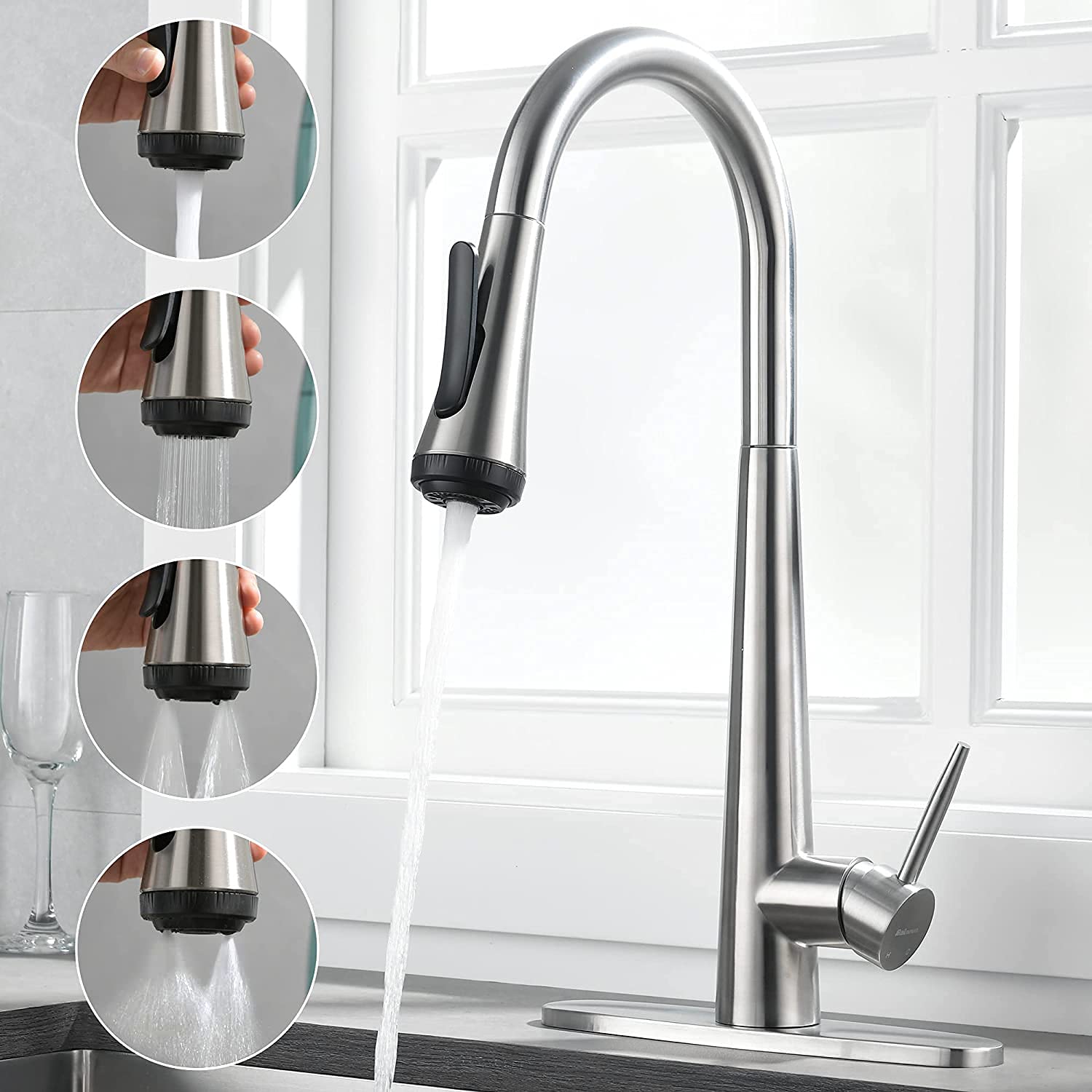 4 Mode Pull Down Sprayer Kitchen Faucet Brushed Nickel with Aquablade Function