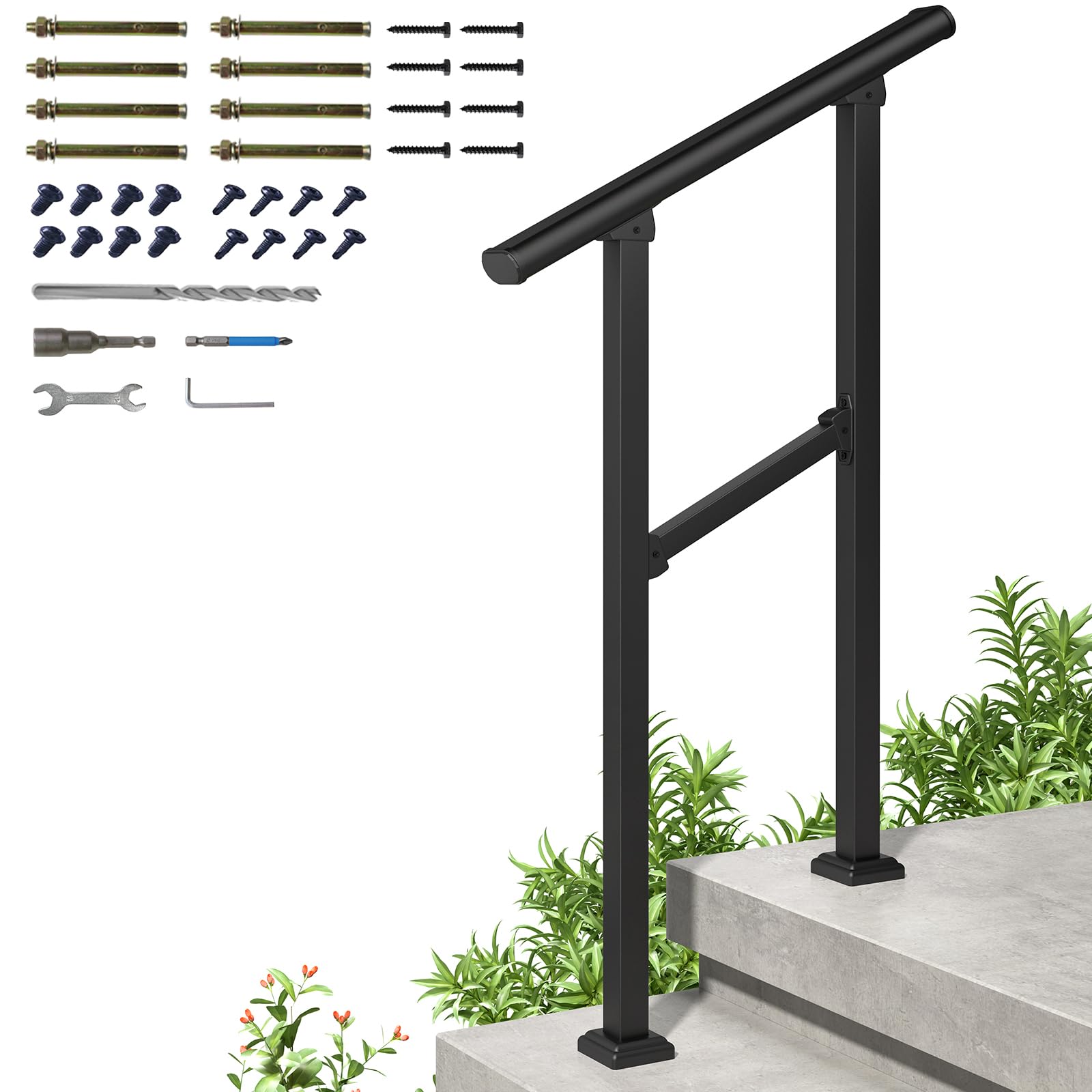 36 in. H x 26.5 in. W Black Wrought Iron Stair Railing Kit Handrails for Outdoor Steps Fit 1 or 2 Steps