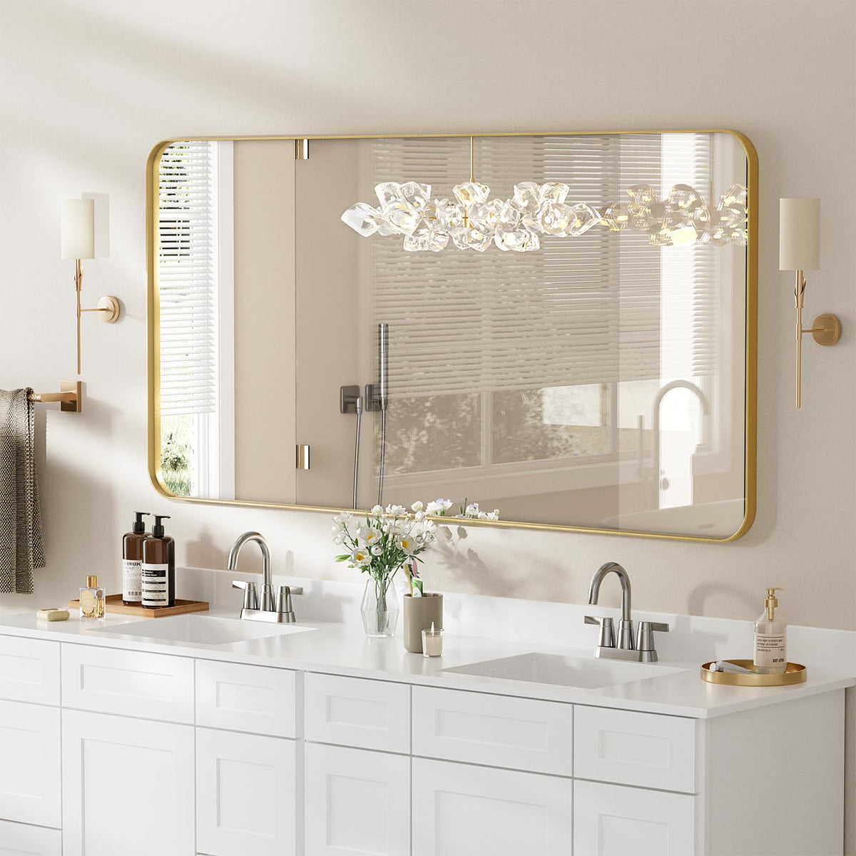 48 in. W x 36 in. H Tempered Glass Rounded Rectangle Framed Wall-Mounted Bathroom Vanity Mirror in Gold
