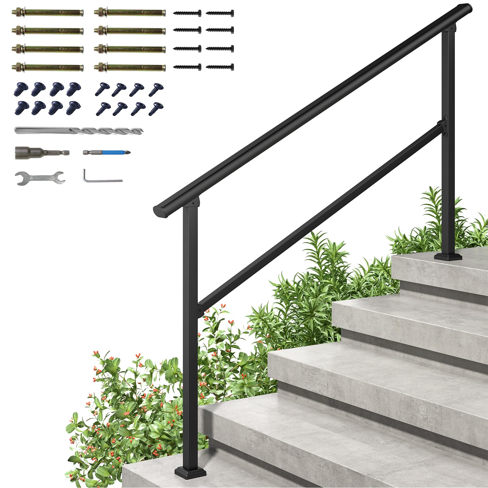 36 in. H x 68 in. W Black Wrought Iron Stair Railing Kit Handrails for Outdoor Steps Fit 4 or 5 Steps (2 Pack)