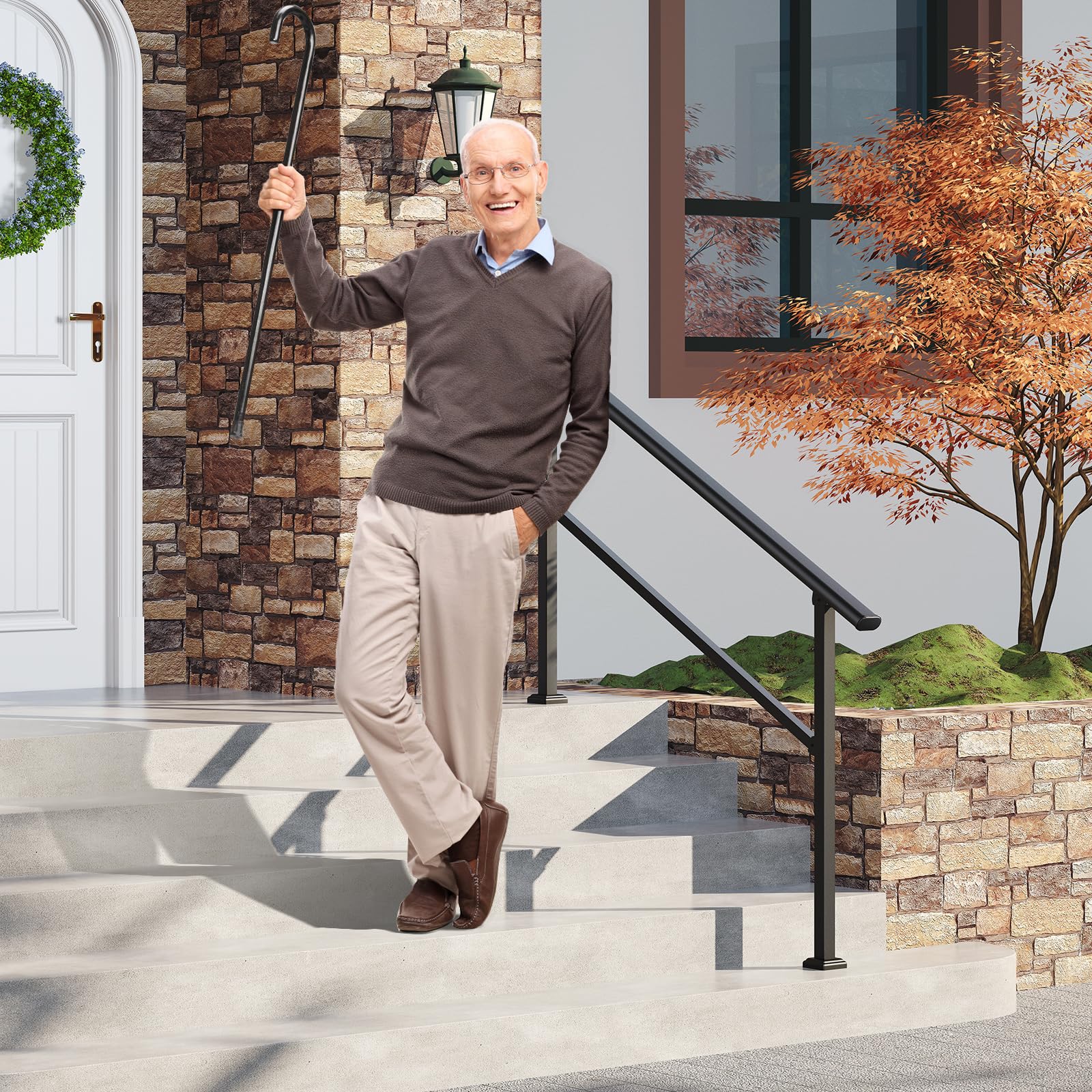 36 in. H x 68 in. W Black Wrought Iron Stair Railing Kit Handrails for Outdoor Steps Fit 4 or 5 Steps (2 Pack)